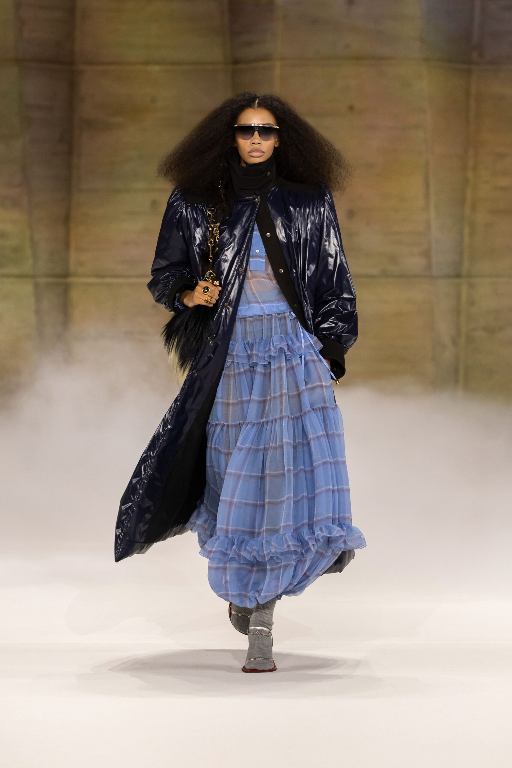 blue vinyl long-sleeve collared relaxed zippered shiny coat