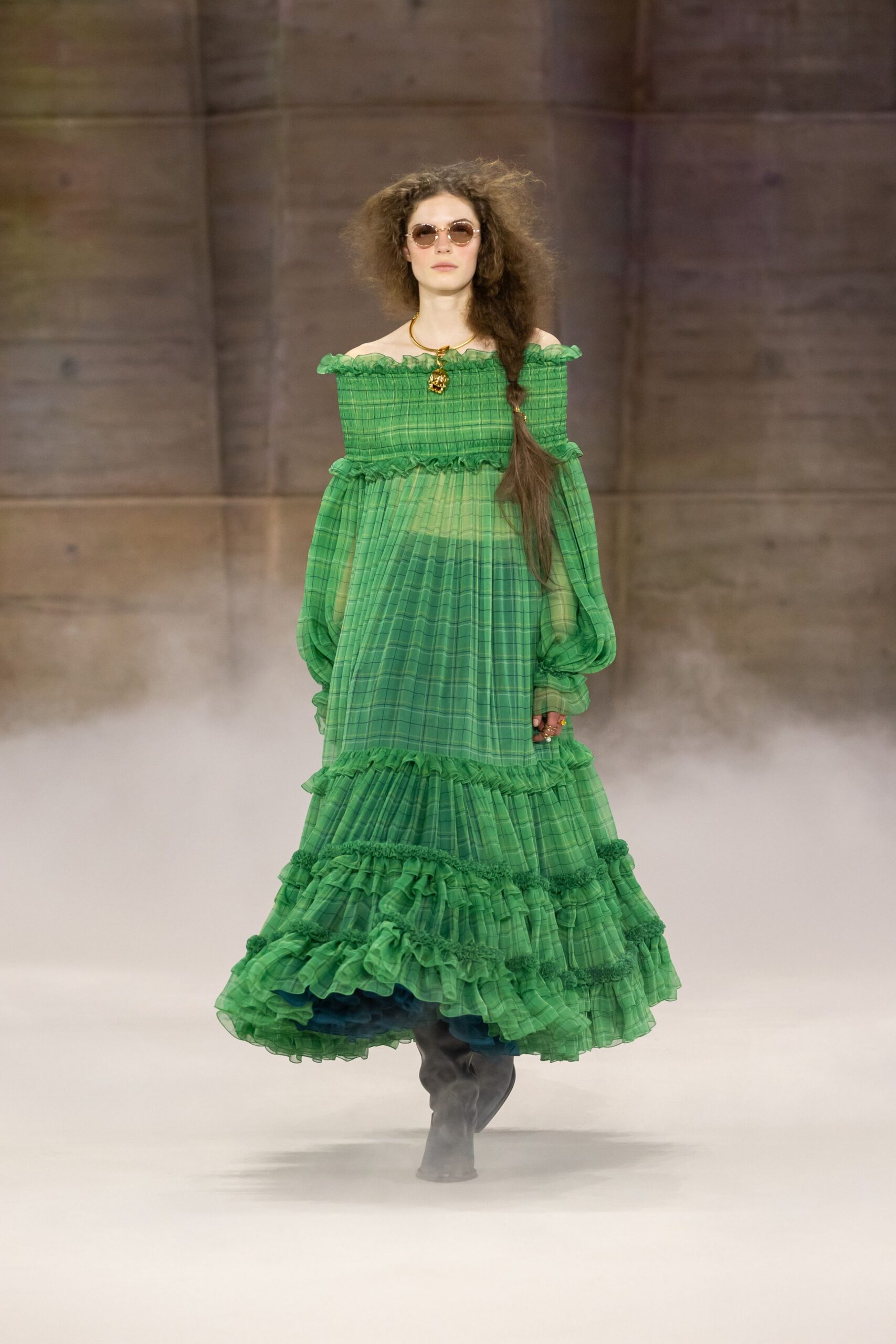 green cotton long-sleeve off-shoulder relaxed pleated tiered dress