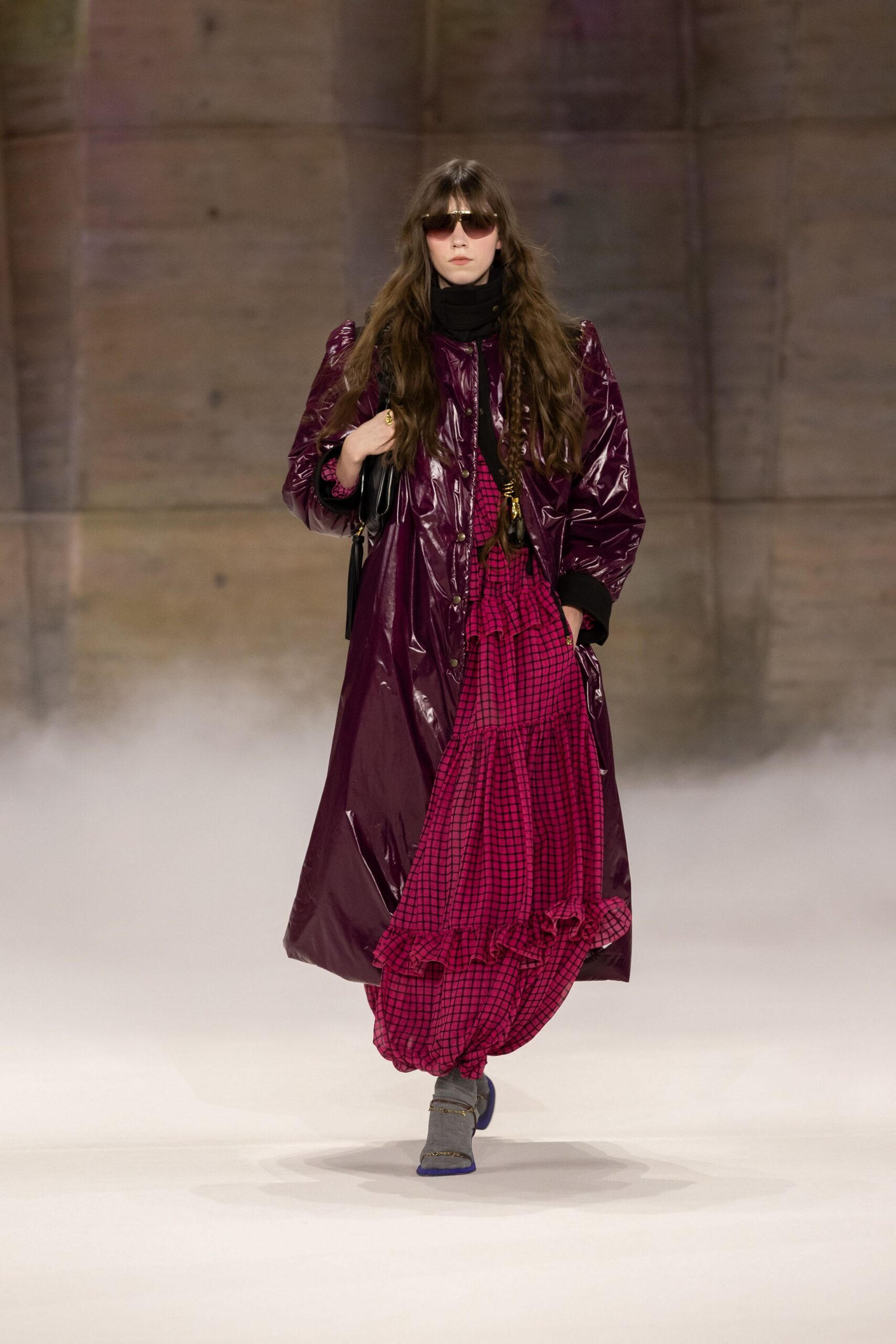 purple vinyl long-sleeve oversized zippered shiny coat