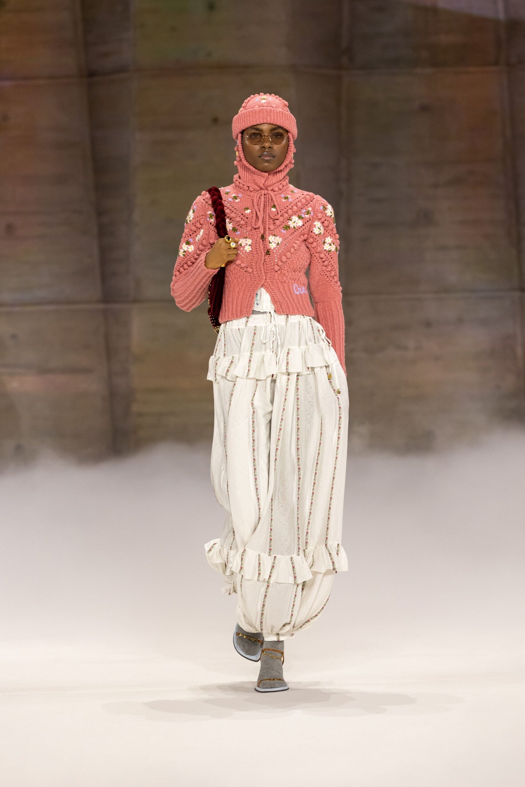 pink cotton long-sleeve high-neck fitted embroidered sweater