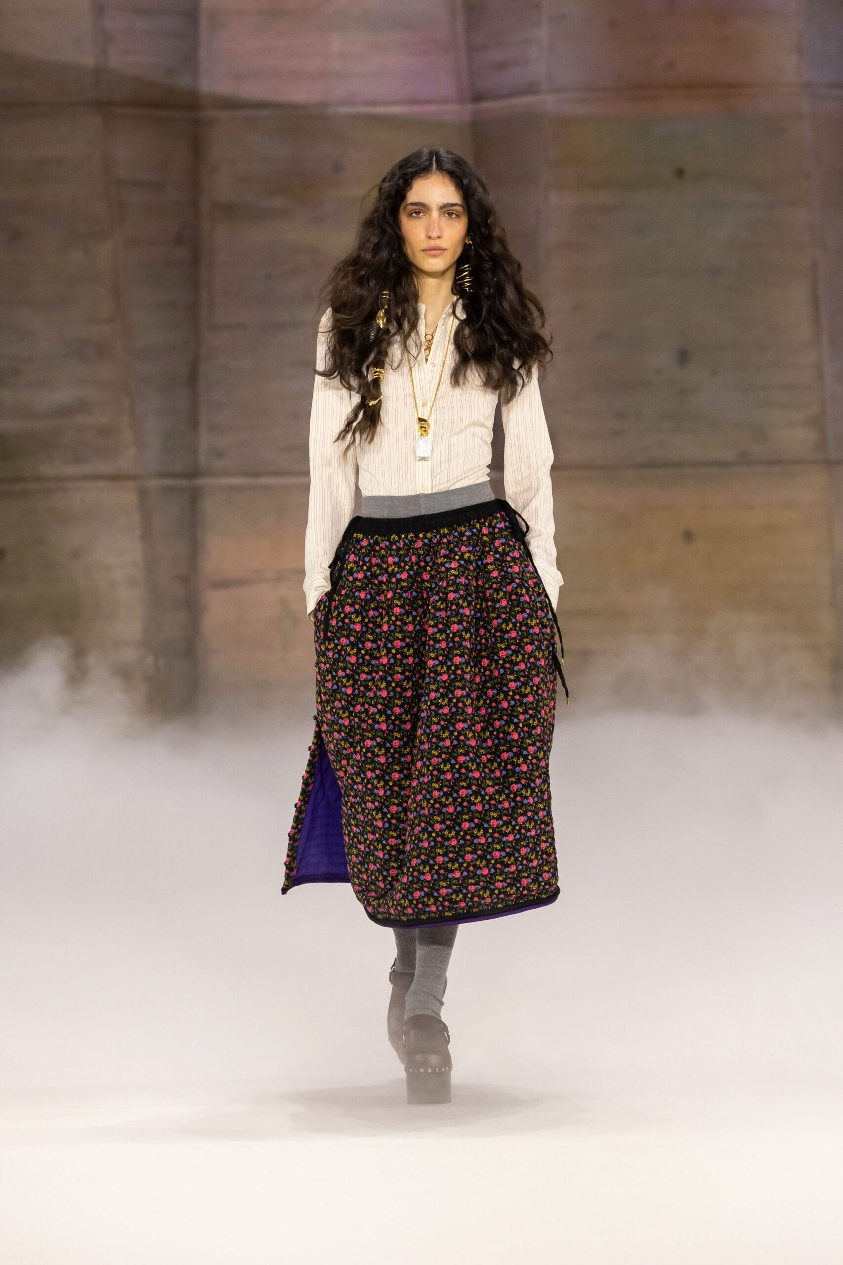 white fitted shirt with floral skirt