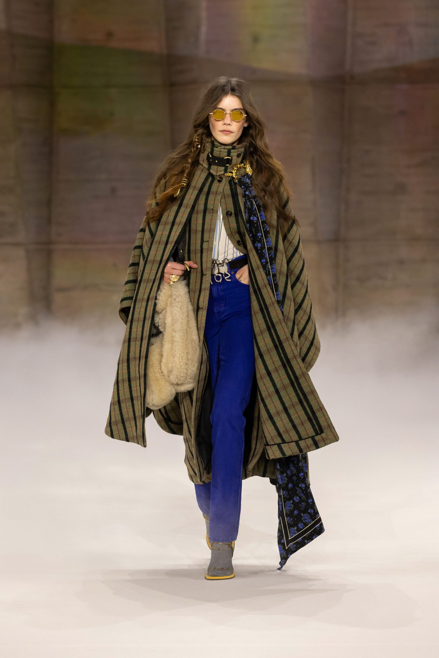 brown wool oversized checked cape
