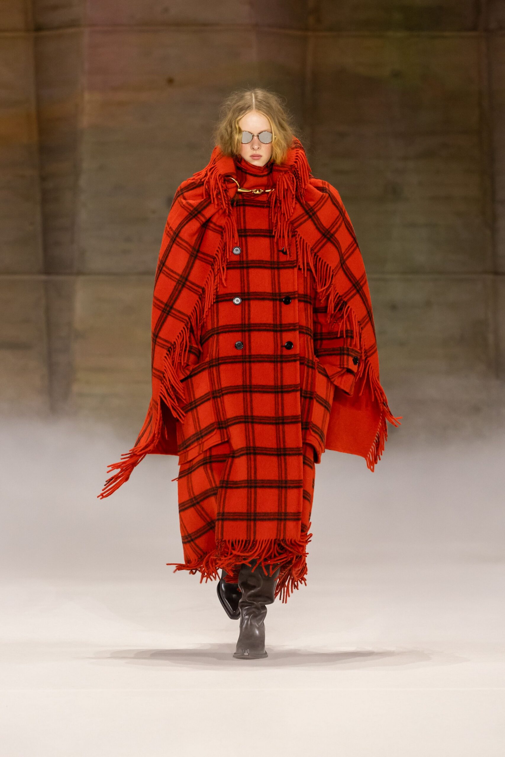 red wool long-sleeve collared oversized checked fringed cape