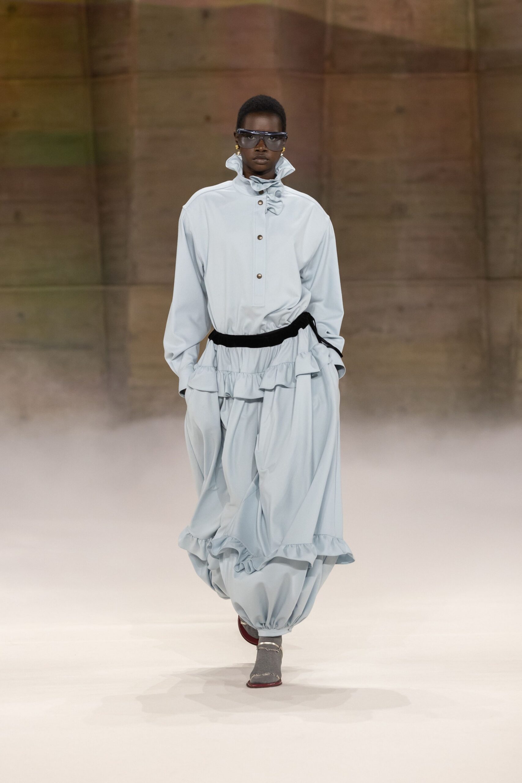 blue cotton long-sleeve collared relaxed ruffled tiered dress