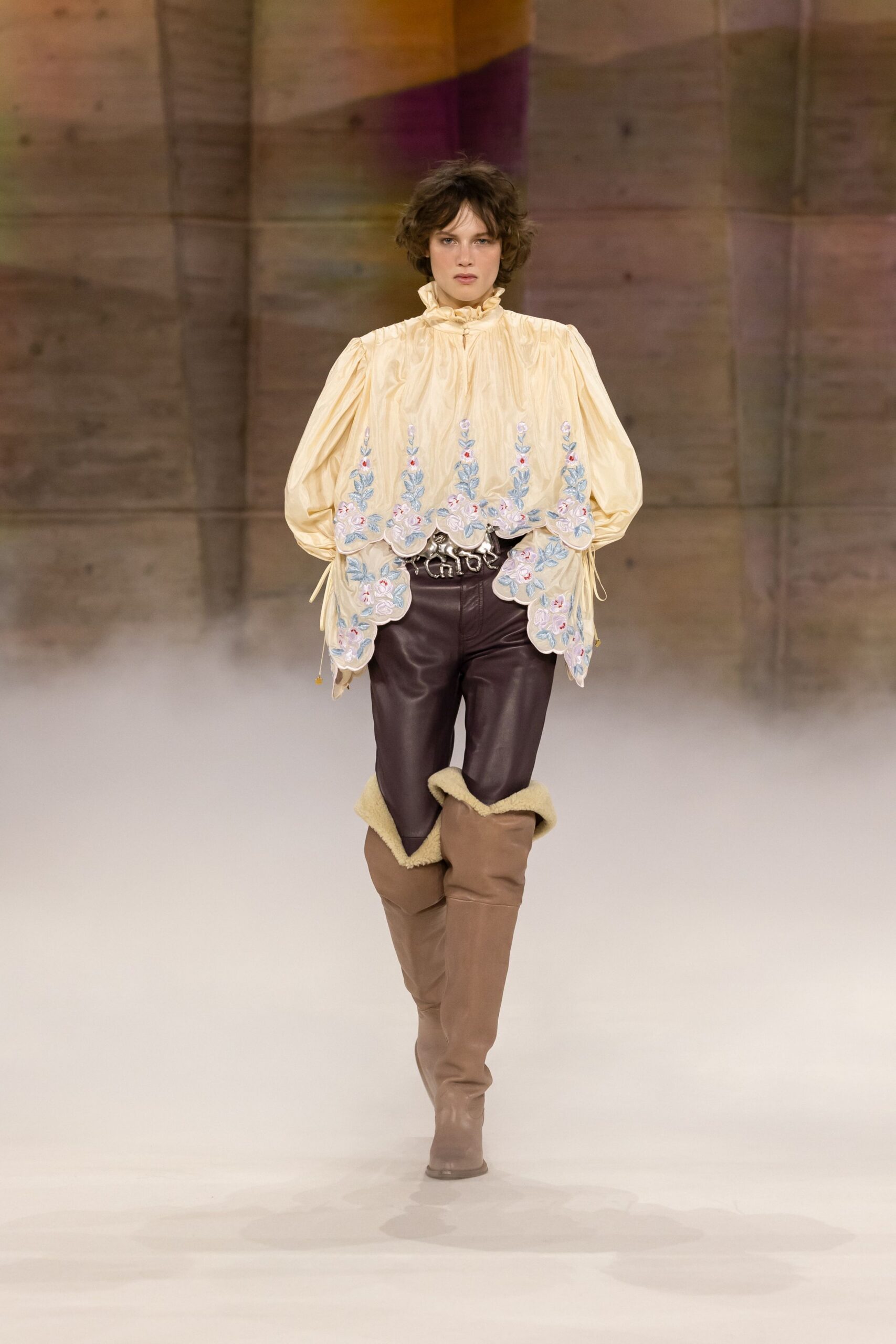 beige silk long-sleeve high-neck relaxed embroidered ruffled blouse