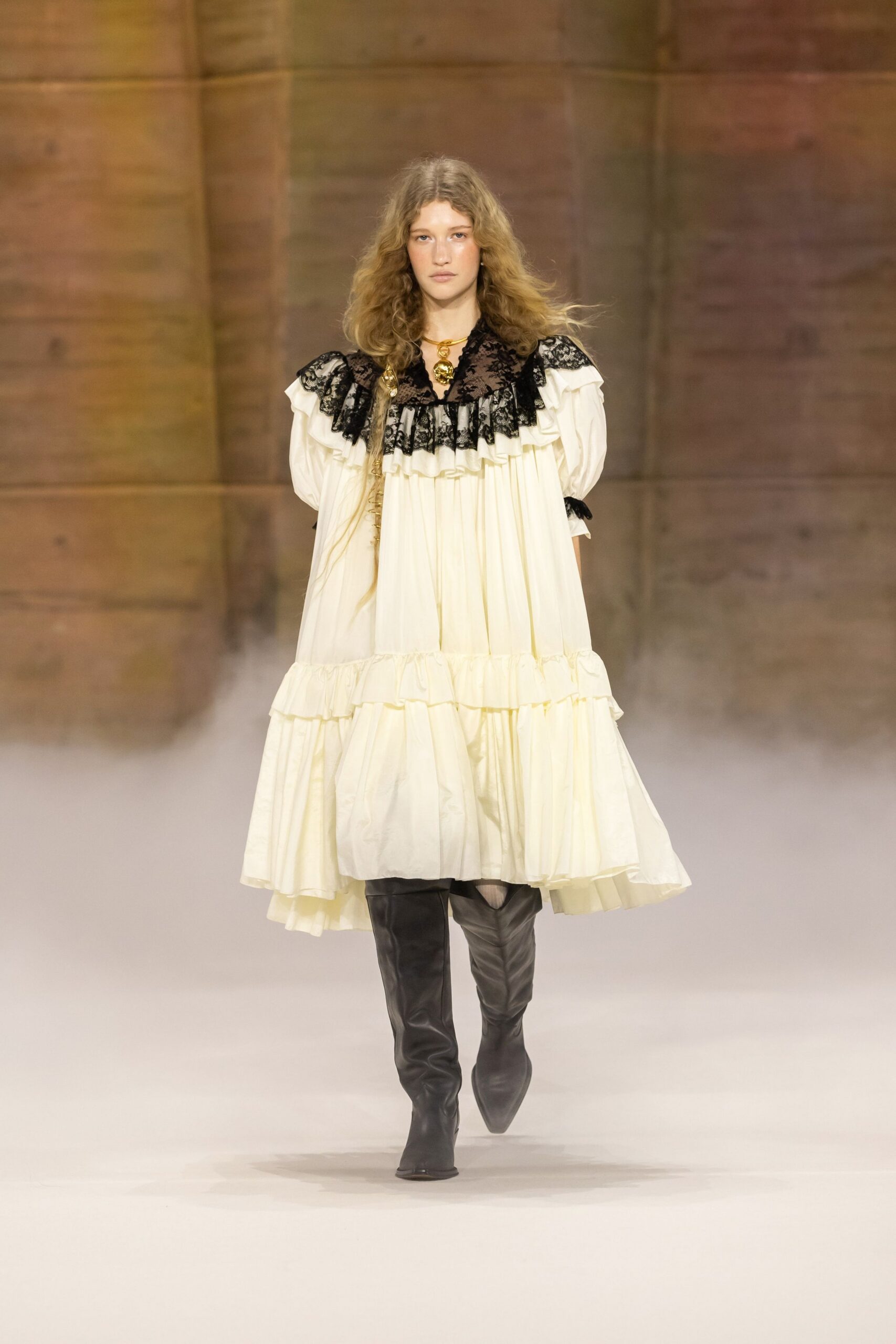 white cotton long-sleeve collared relaxed ruffled tiered dress