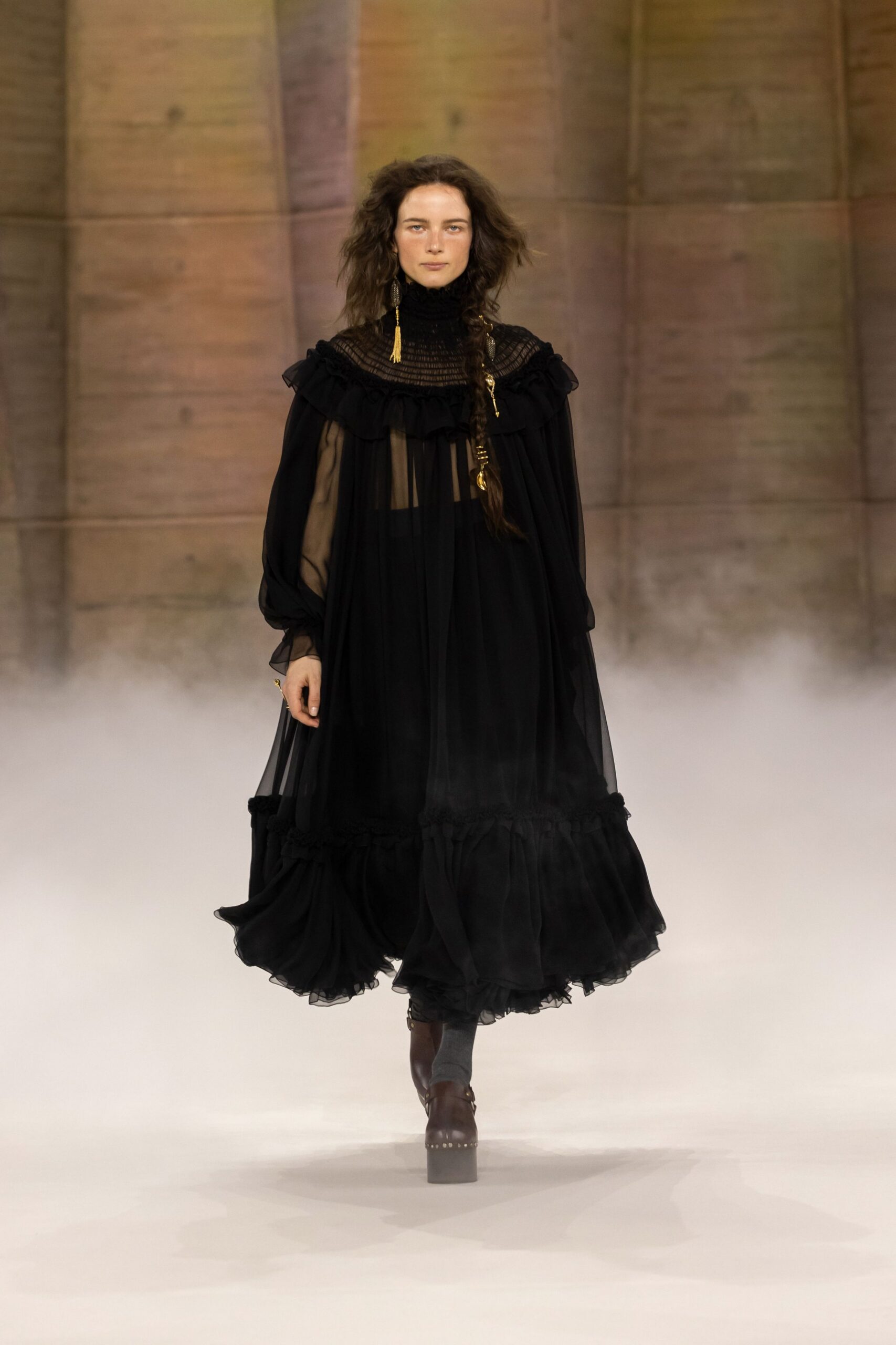 black silk long-sleeve high-neck relaxed ruffled layered dress