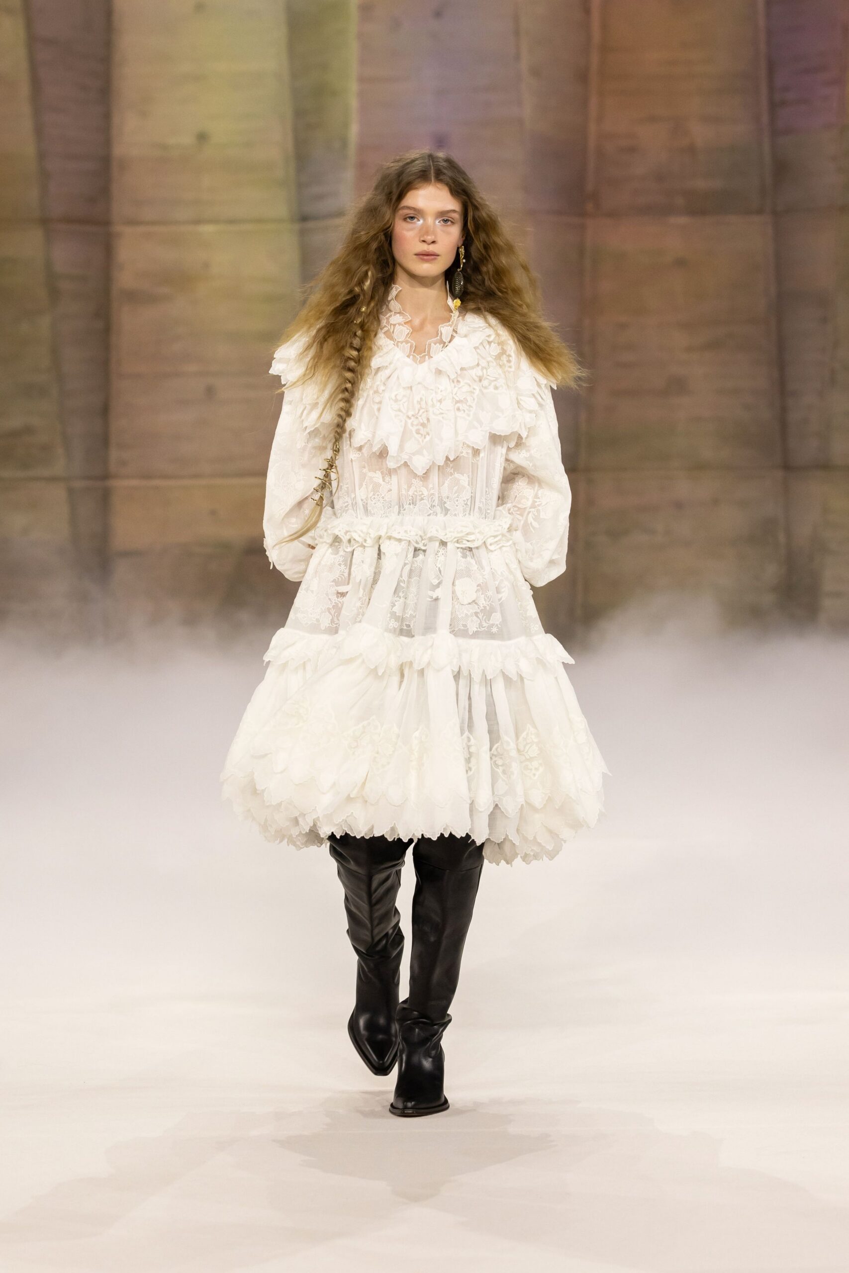 white cotton long-sleeve high-neck relaxed ruffled tiered dress