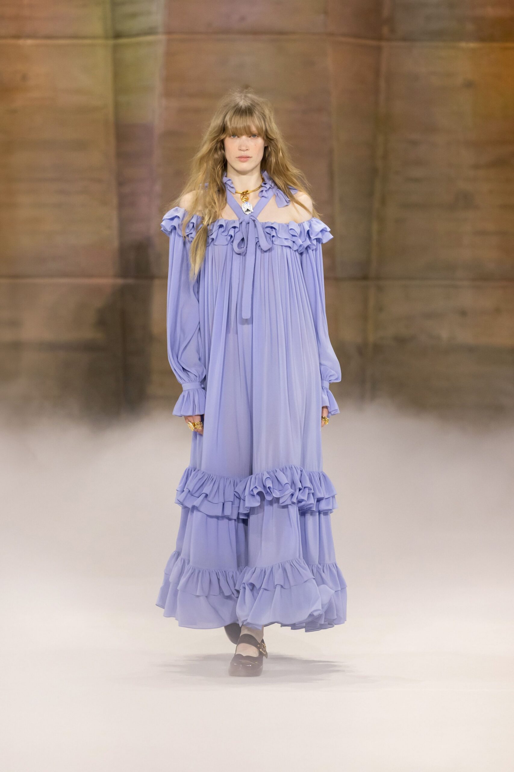 blue chiffon off-shoulder ruffled dress