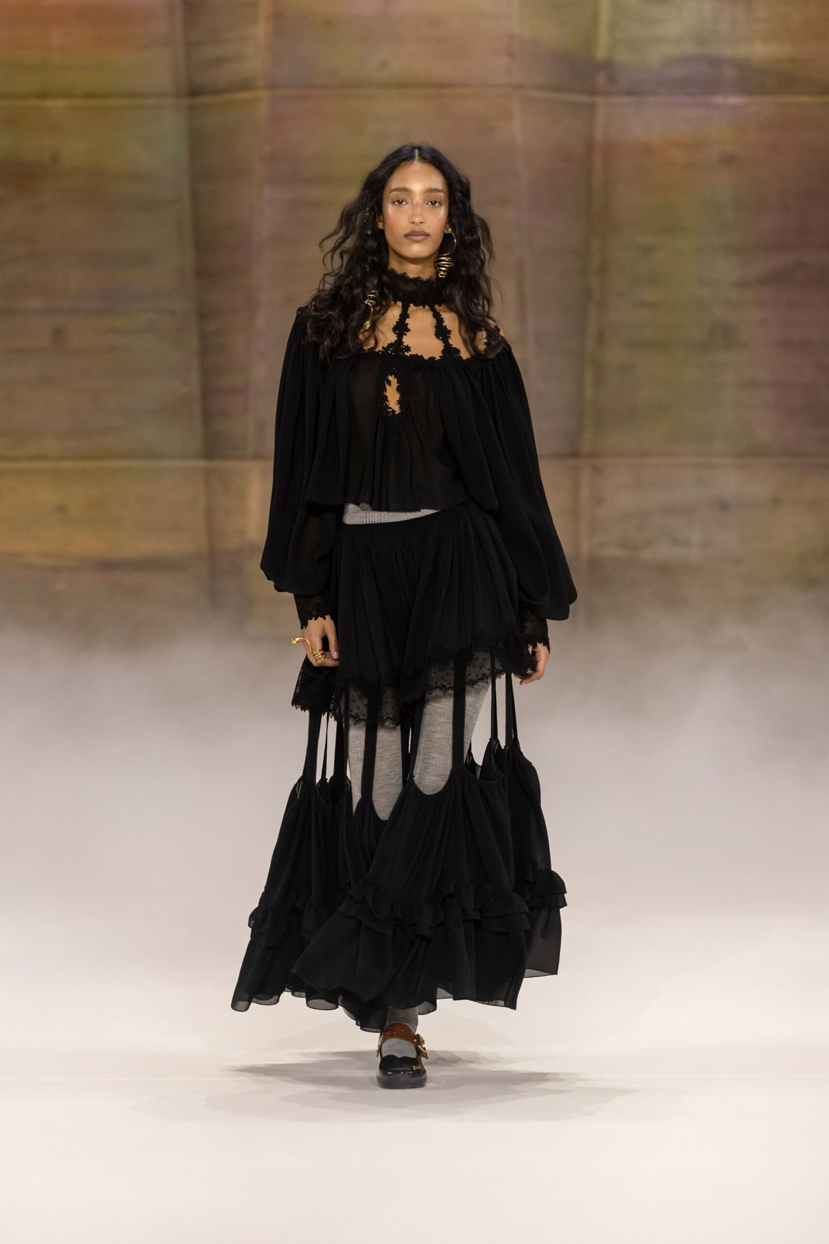 black cotton long-sleeve off-shoulder relaxed ruffled layered dress