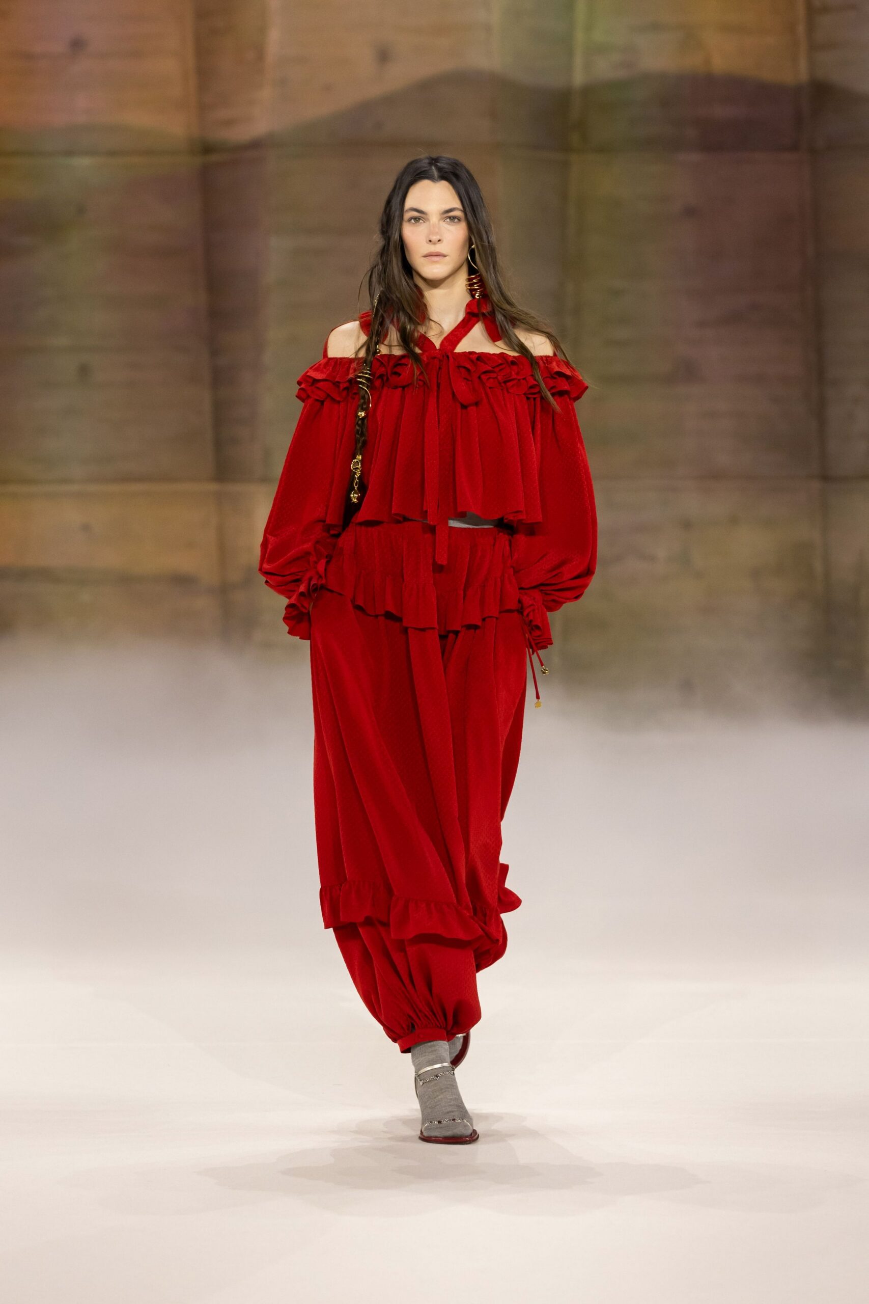 red velvet off-shoulder long-sleeve relaxed ruffled top