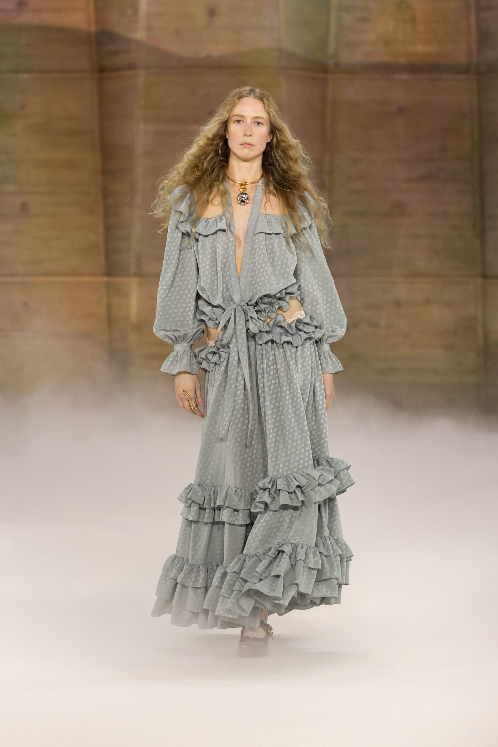gray cotton long-sleeve ruffled dress