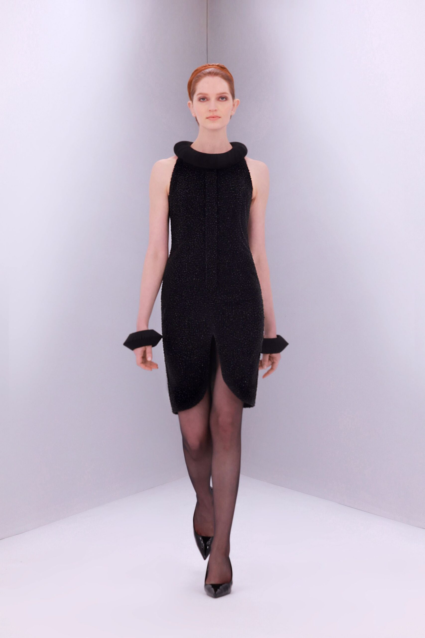 black silk sleeveless high-neck fitted pleated shiny dress