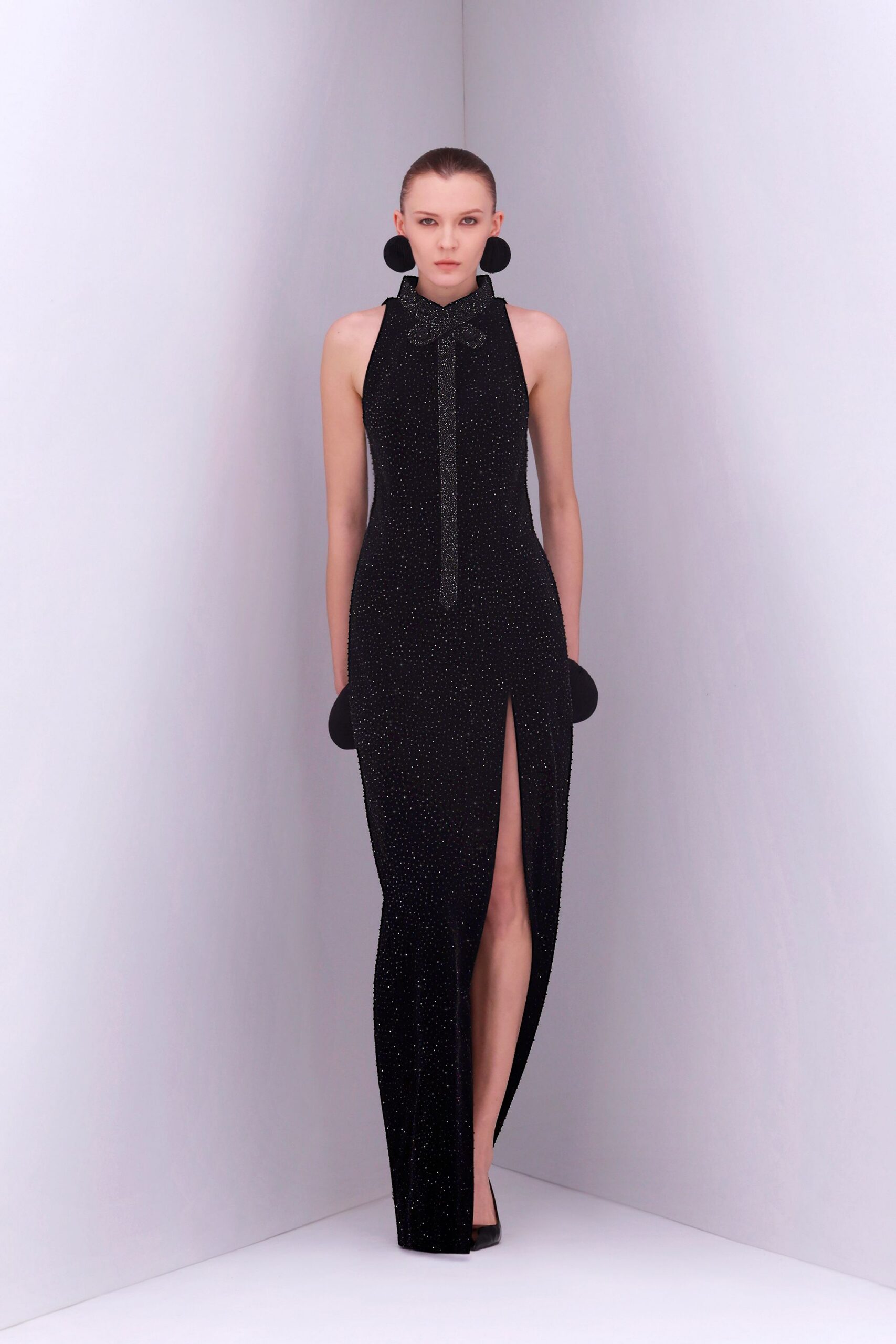 black silk sleeveless high-neck fitted sequined shiny gown