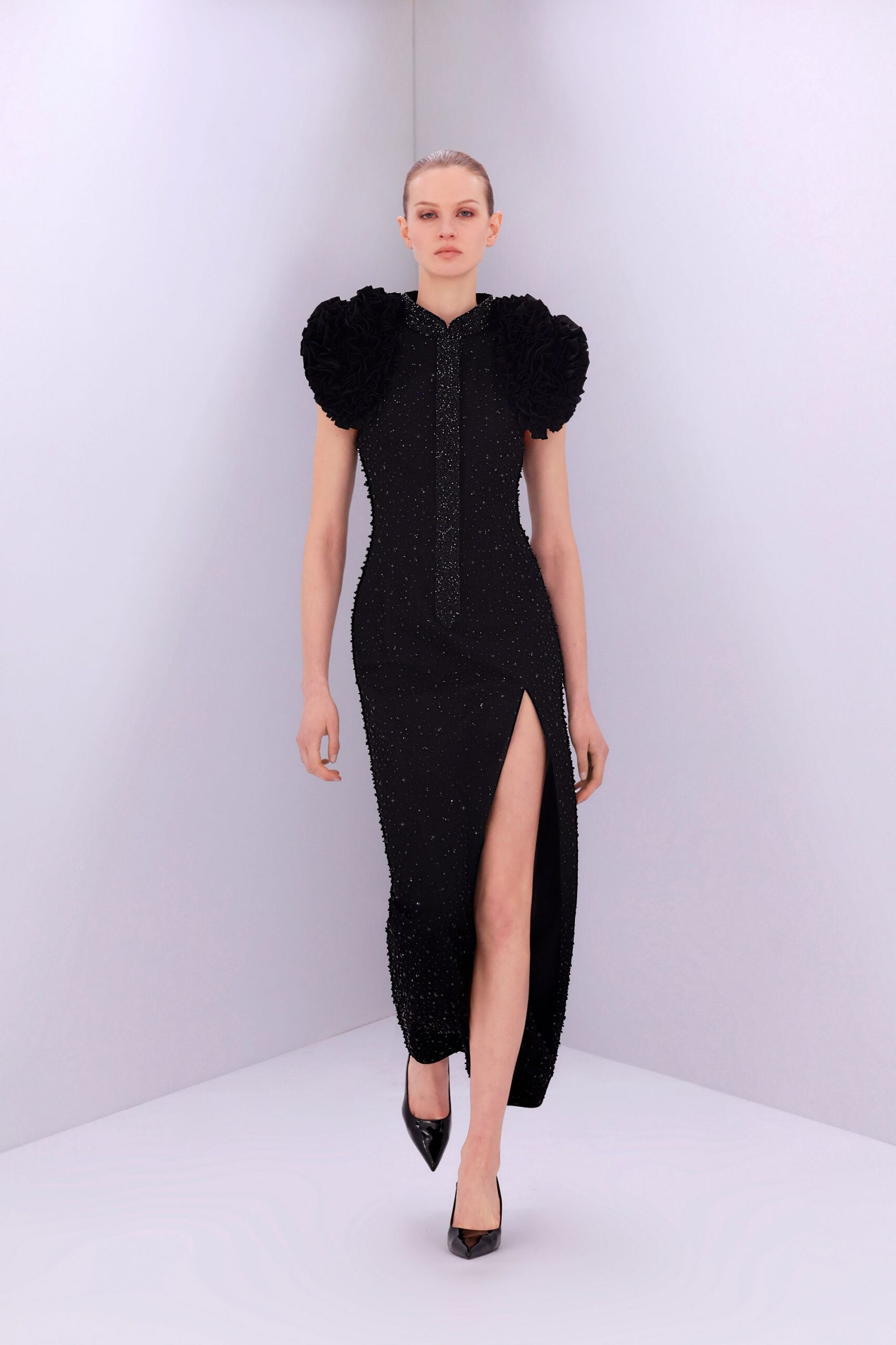 black silk short-sleeve v-neck fitted embellished ruffled gown