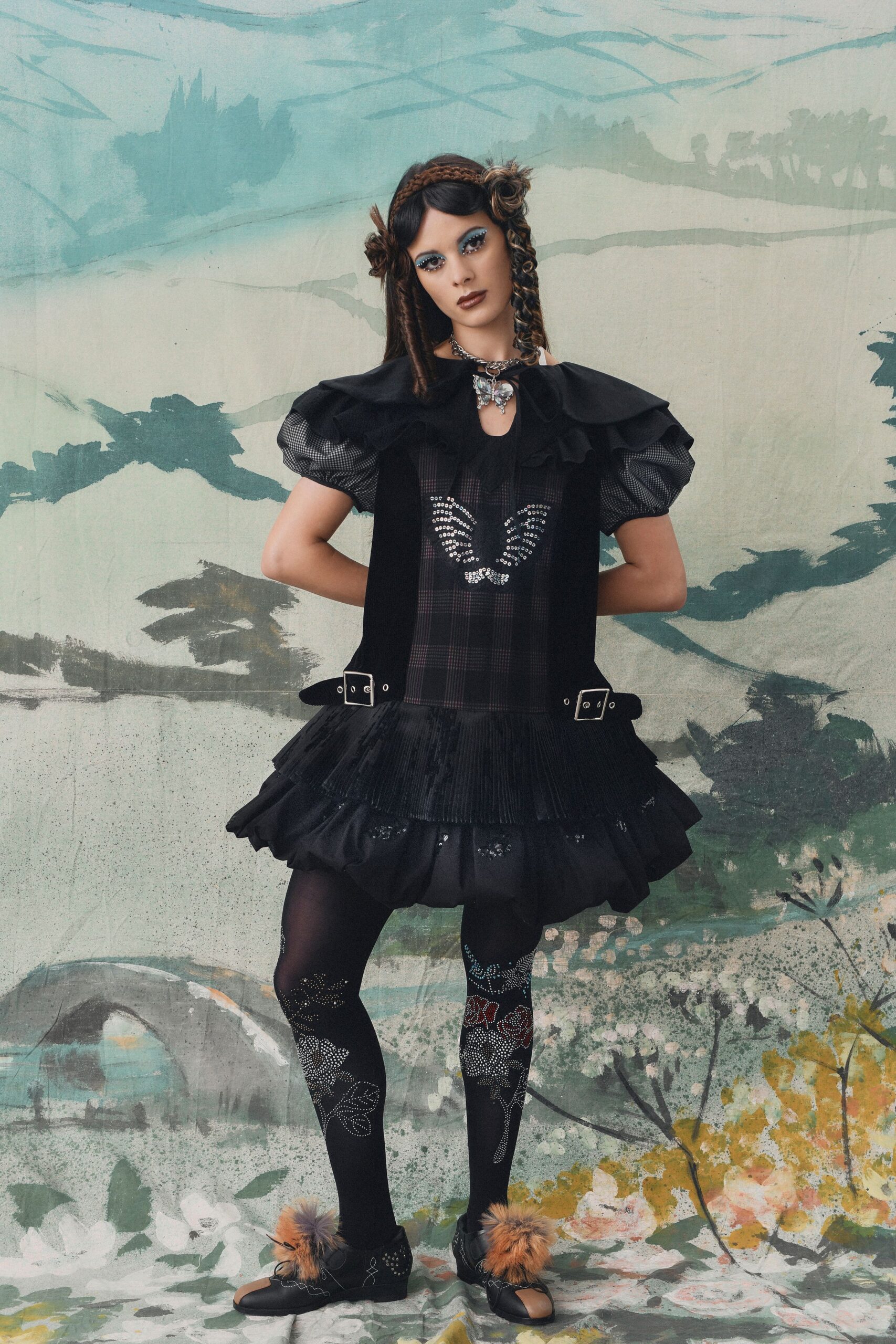 black cotton sleeveless collared fitted pleated ruffled dress