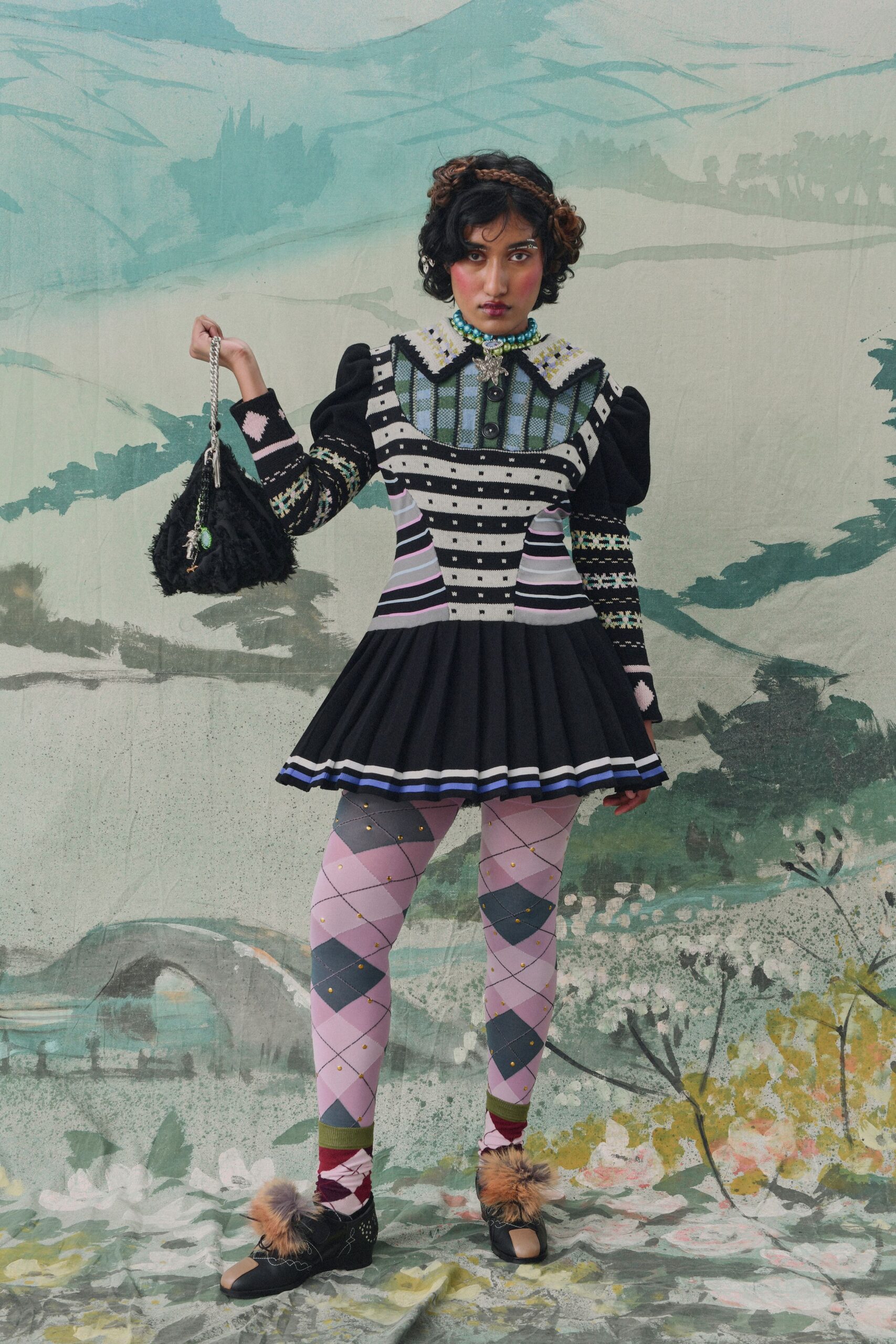 black cotton short-sleeve collared fitted pleated buttoned dress