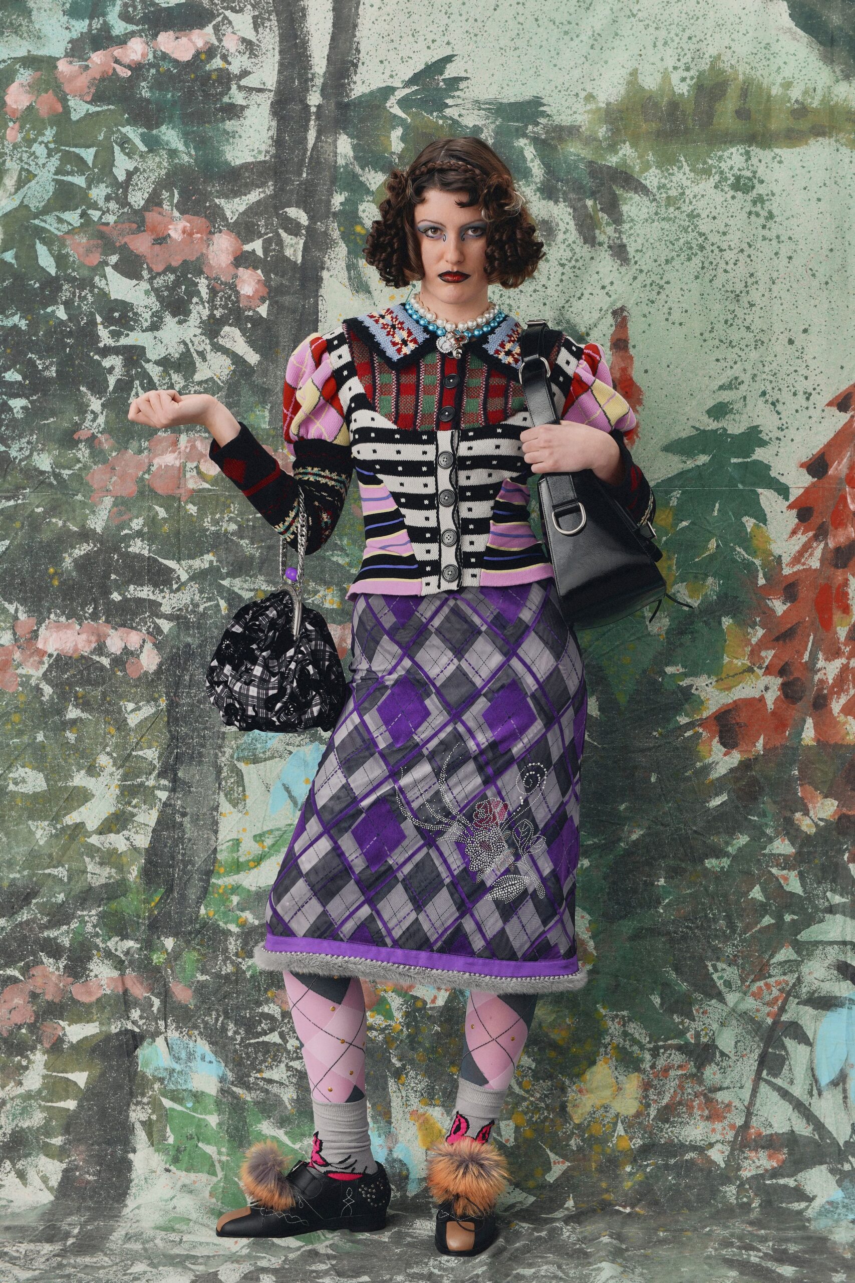 purple cotton fitted pleated embroidered skirt