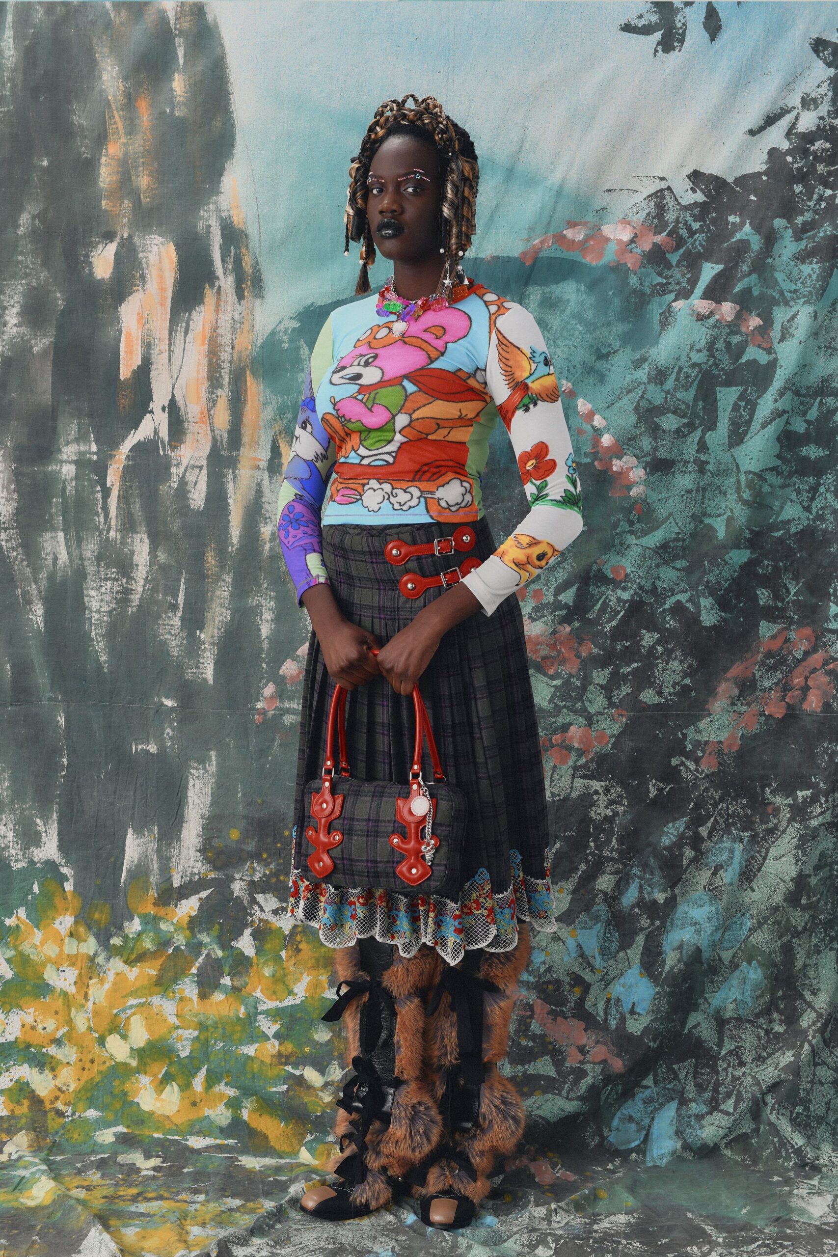 white cotton long-sleeve collared fitted printed top