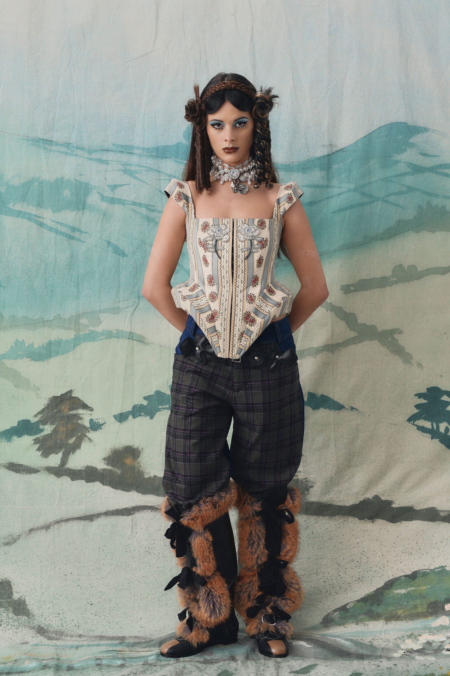 white cotton sleeveless v-neck fitted embroidered corset