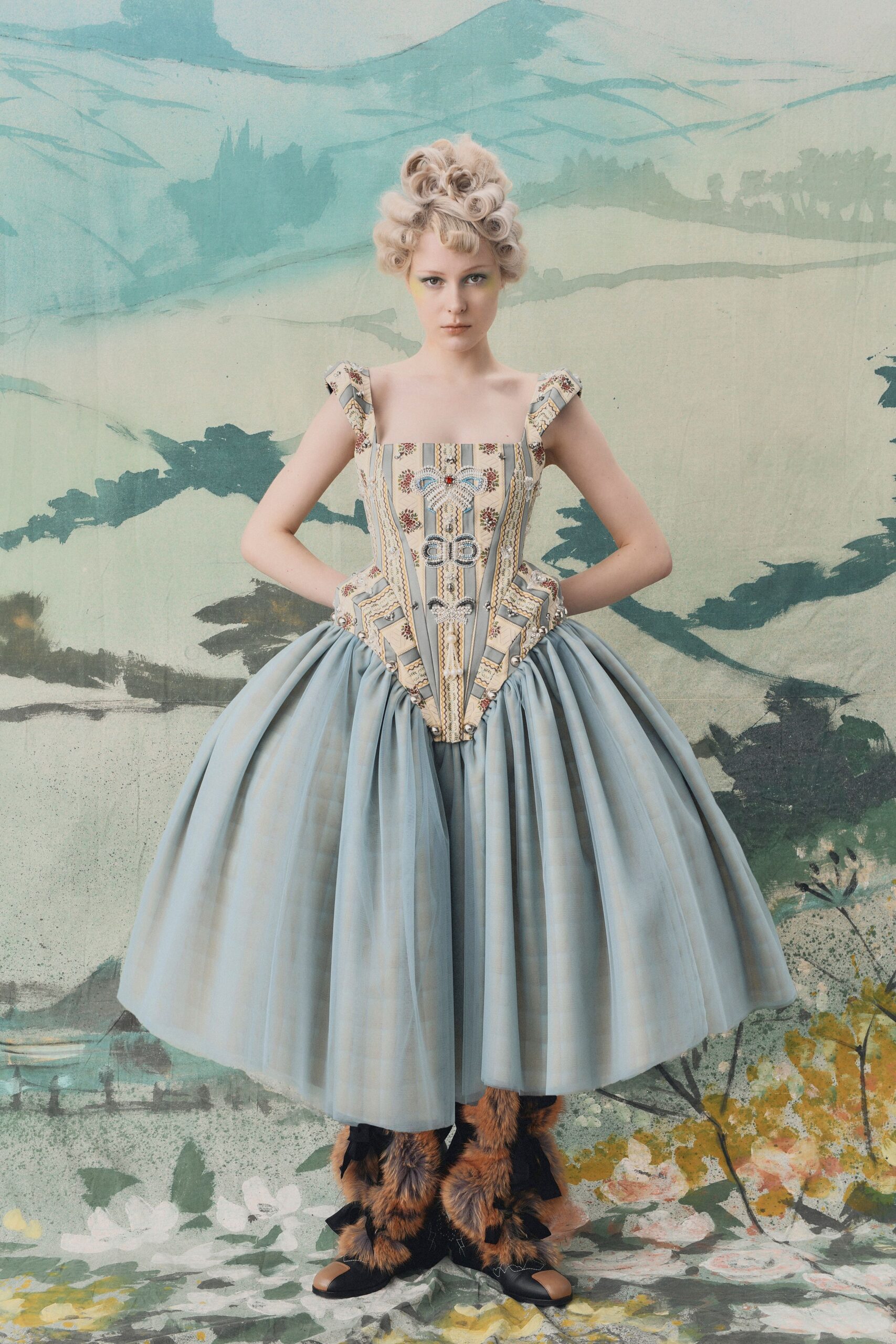 blue silk pleated dress with fur shoes