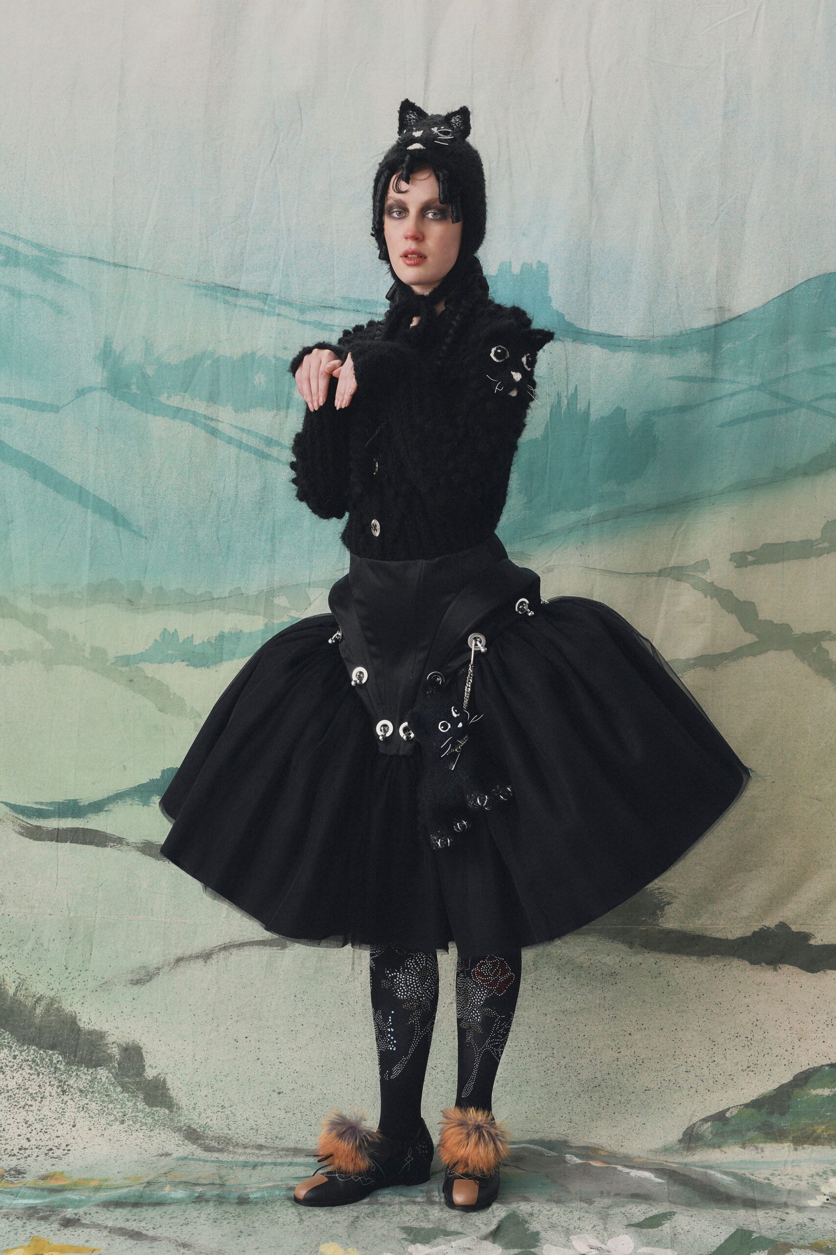 black wool long-sleeve collared fitted ruffled top