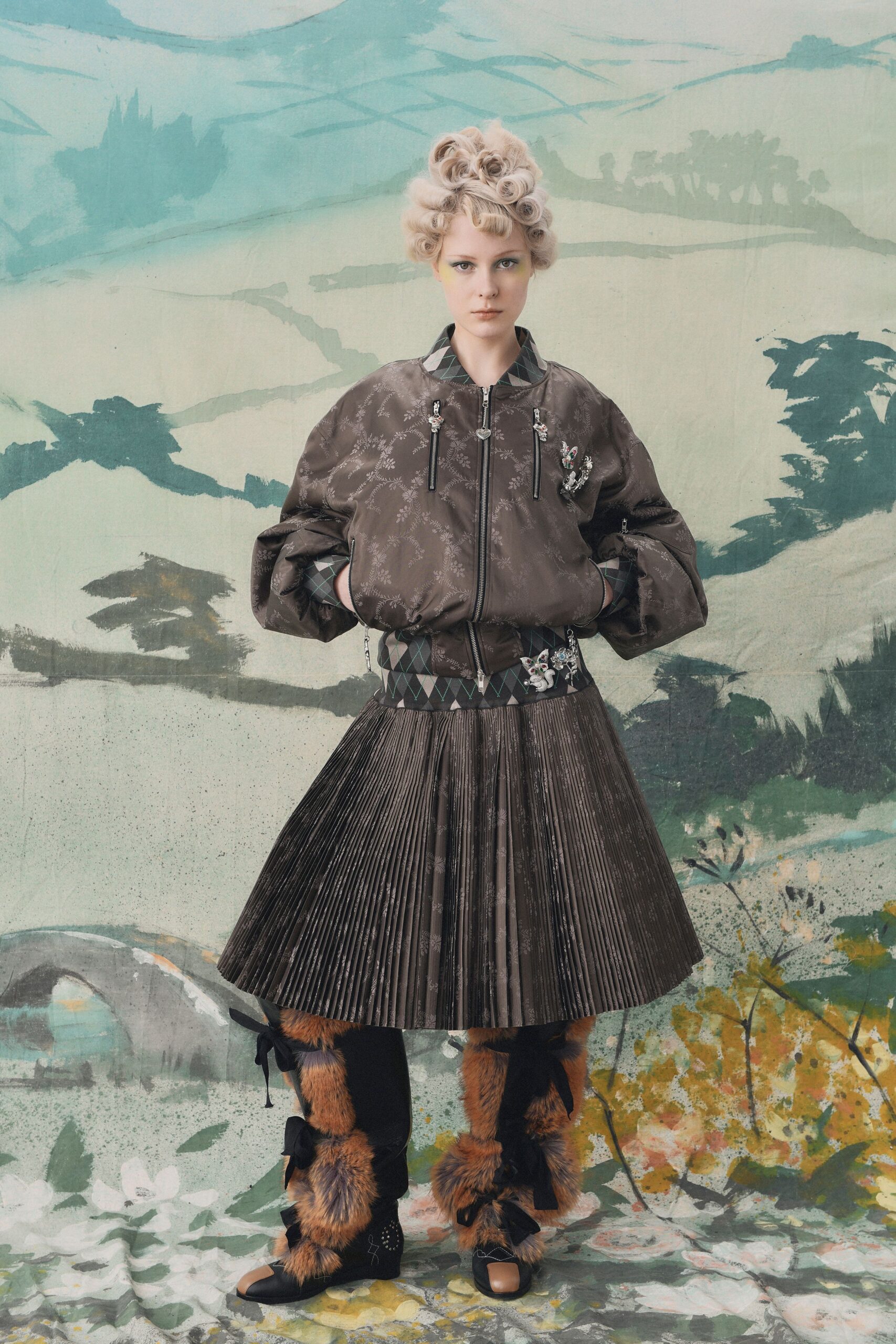 brown silk long-sleeve collared relaxed zippered pleated jacket