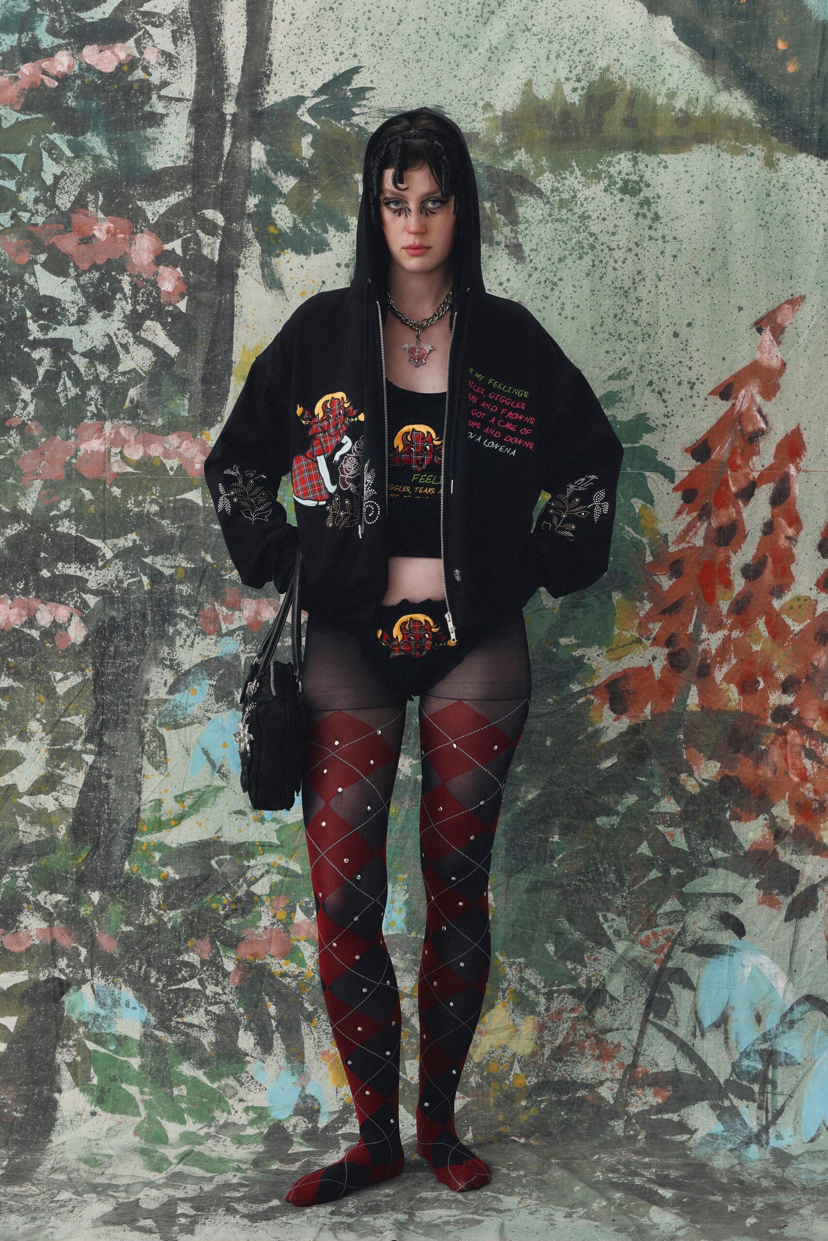 black cotton long-sleeve hooded relaxed printed hoodie