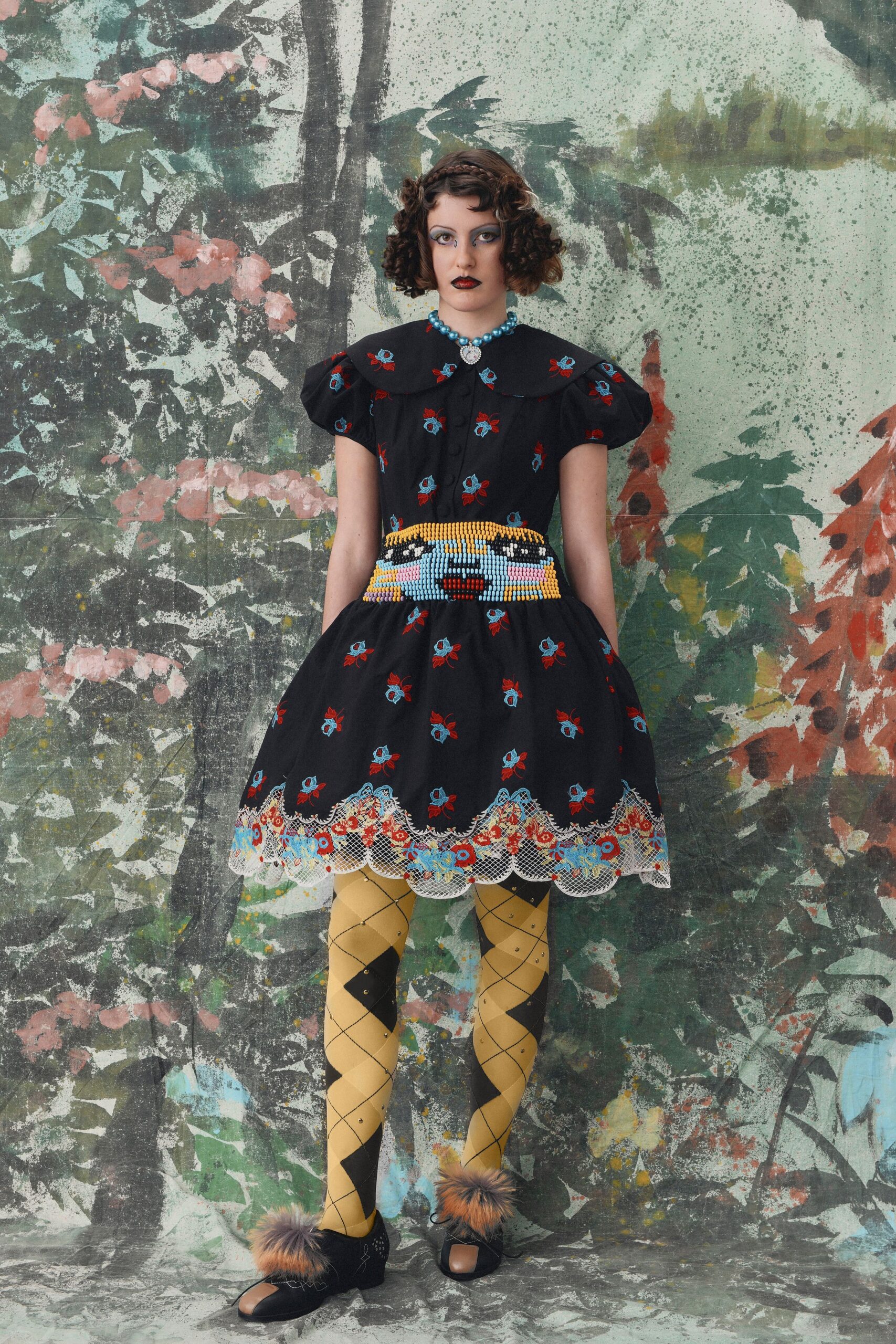 black cotton short-sleeve collared fitted embroidered tiered dress