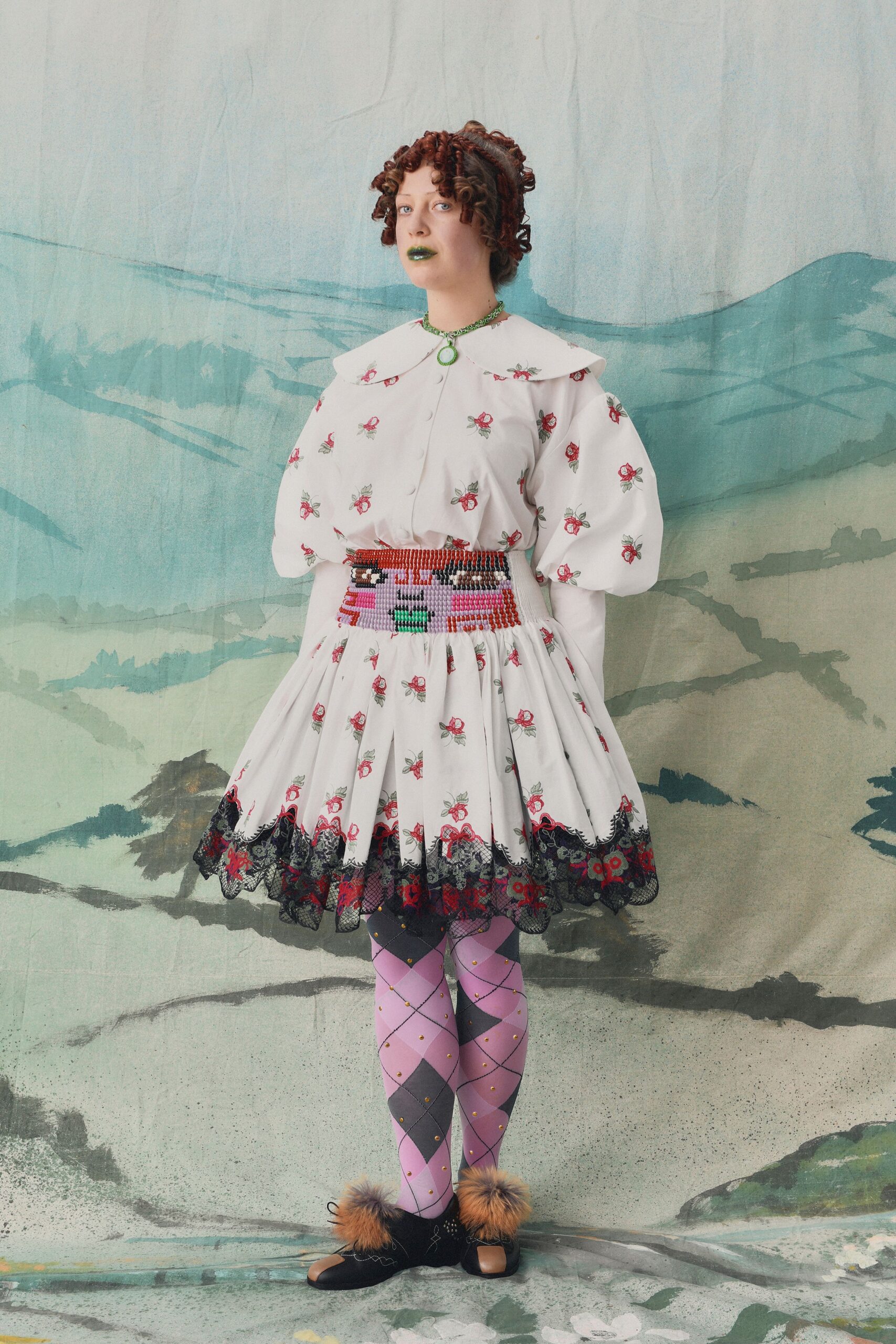 white cotton long-sleeve collared fitted embroidered pleated dress