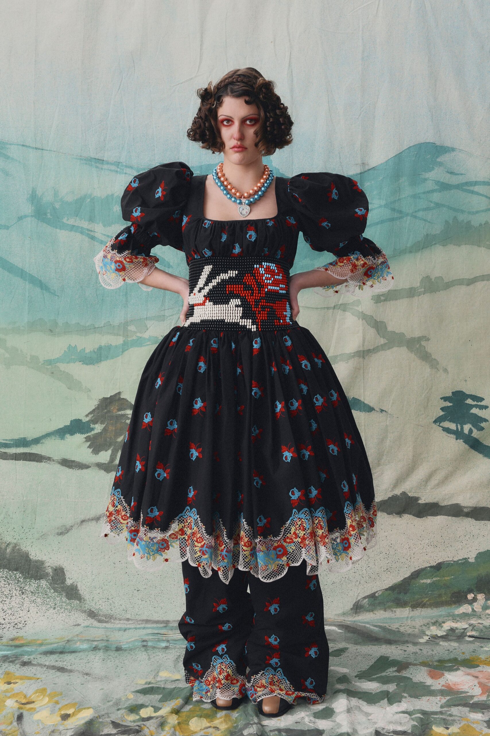black cotton short-sleeve square-neck fitted embroidered flared dress