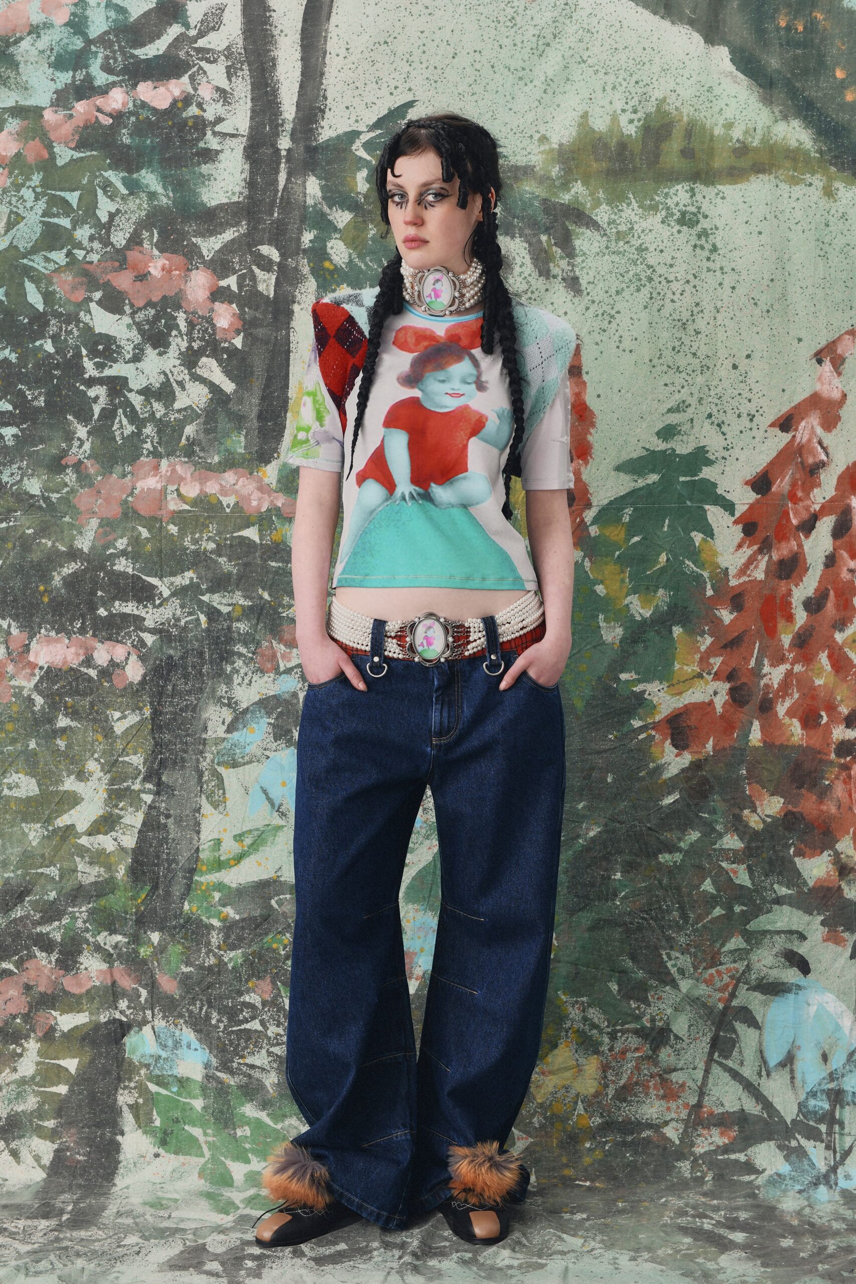 relaxed printed top with wide-leg jeans