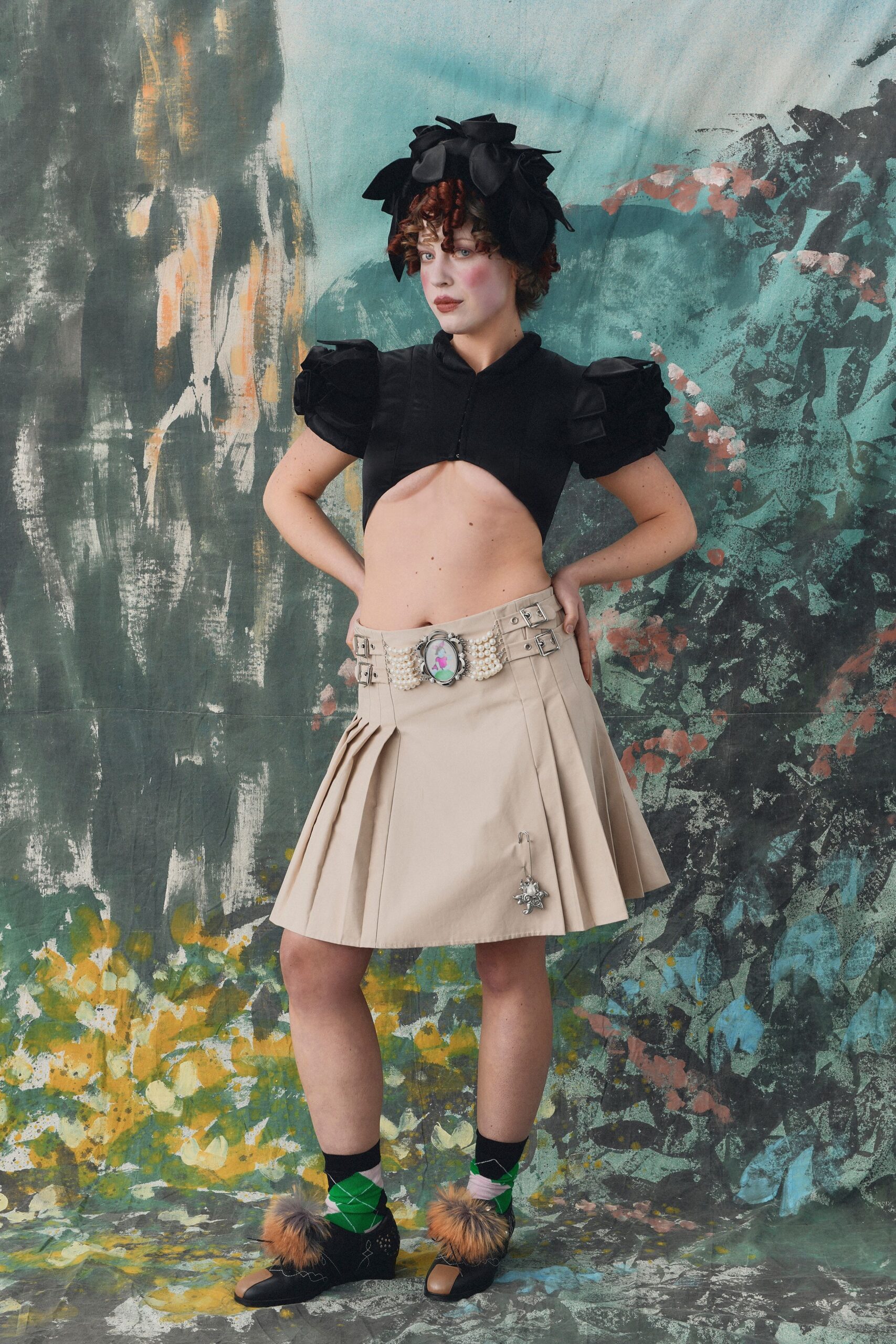 beige cotton fitted pleated mini skirt