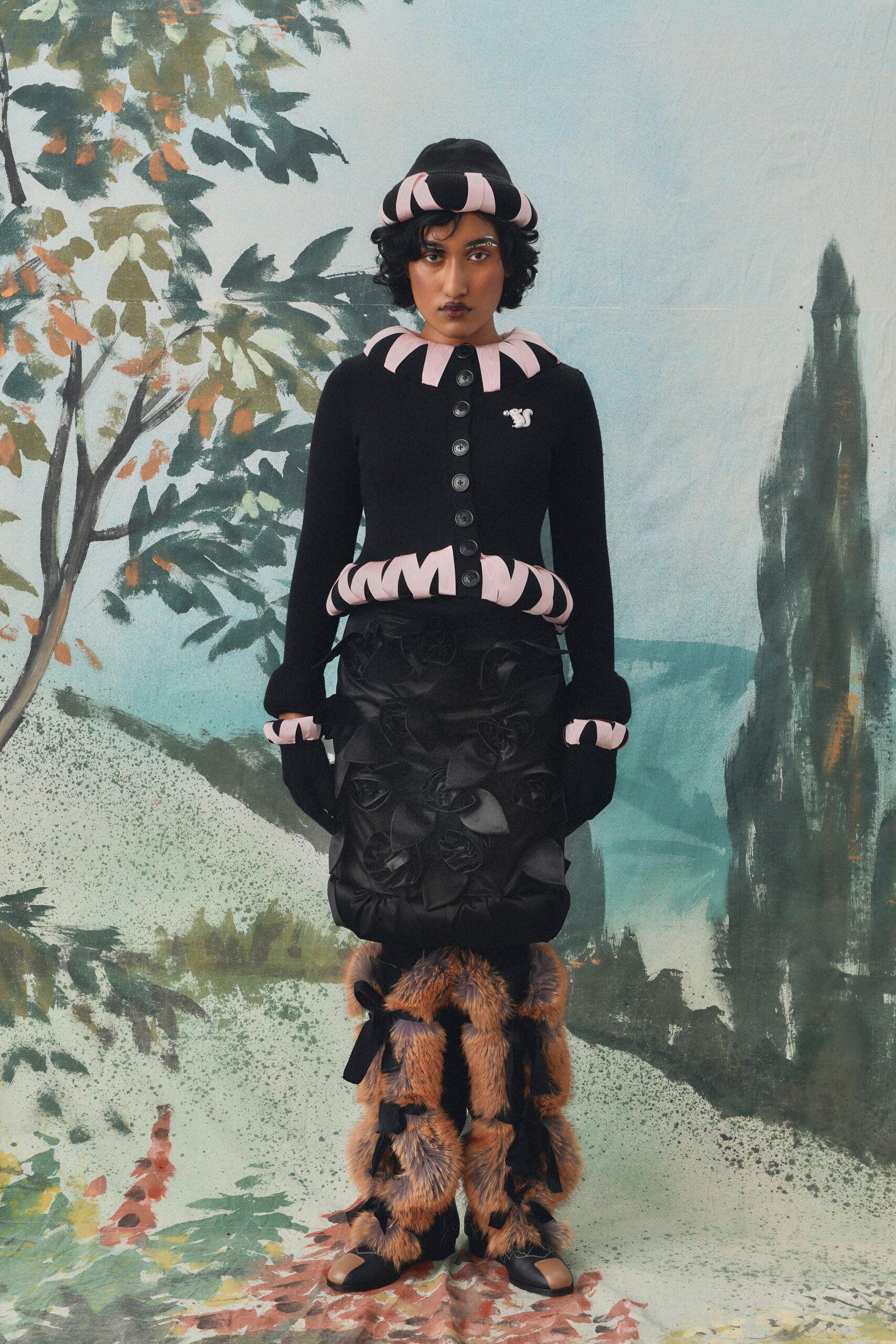 black wool long-sleeve collared fitted buttoned ruffled cardigan