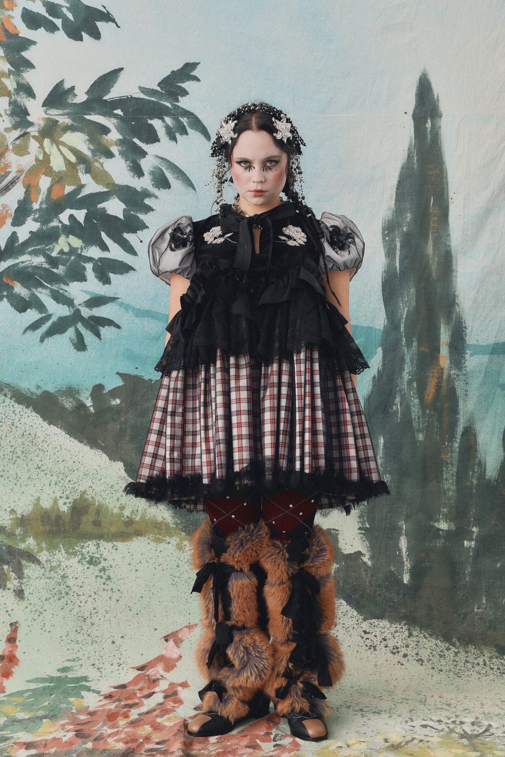 black cotton sleeveless collared fitted checked ruffled dress