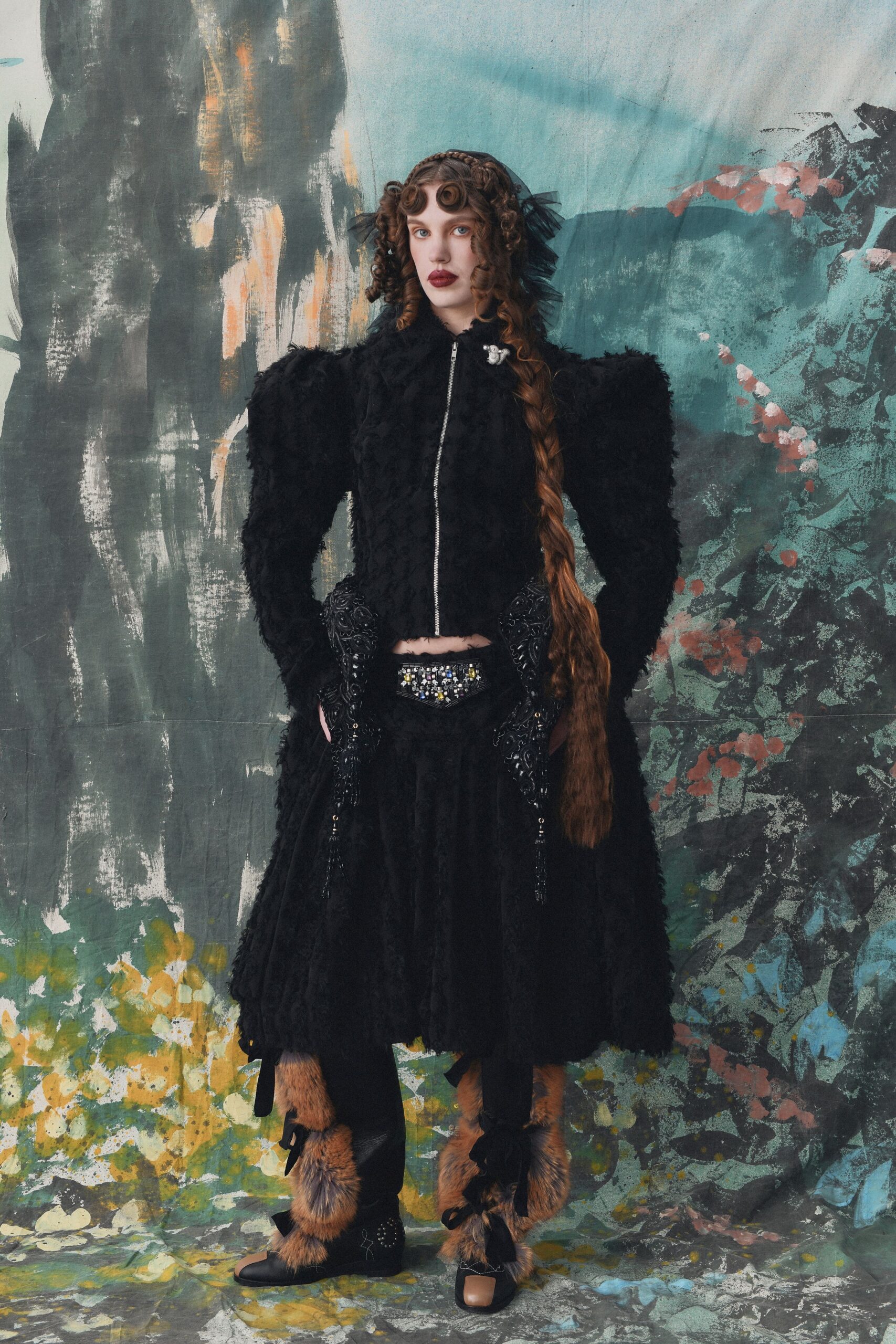 black fur long-sleeve collared fitted draped midi coat