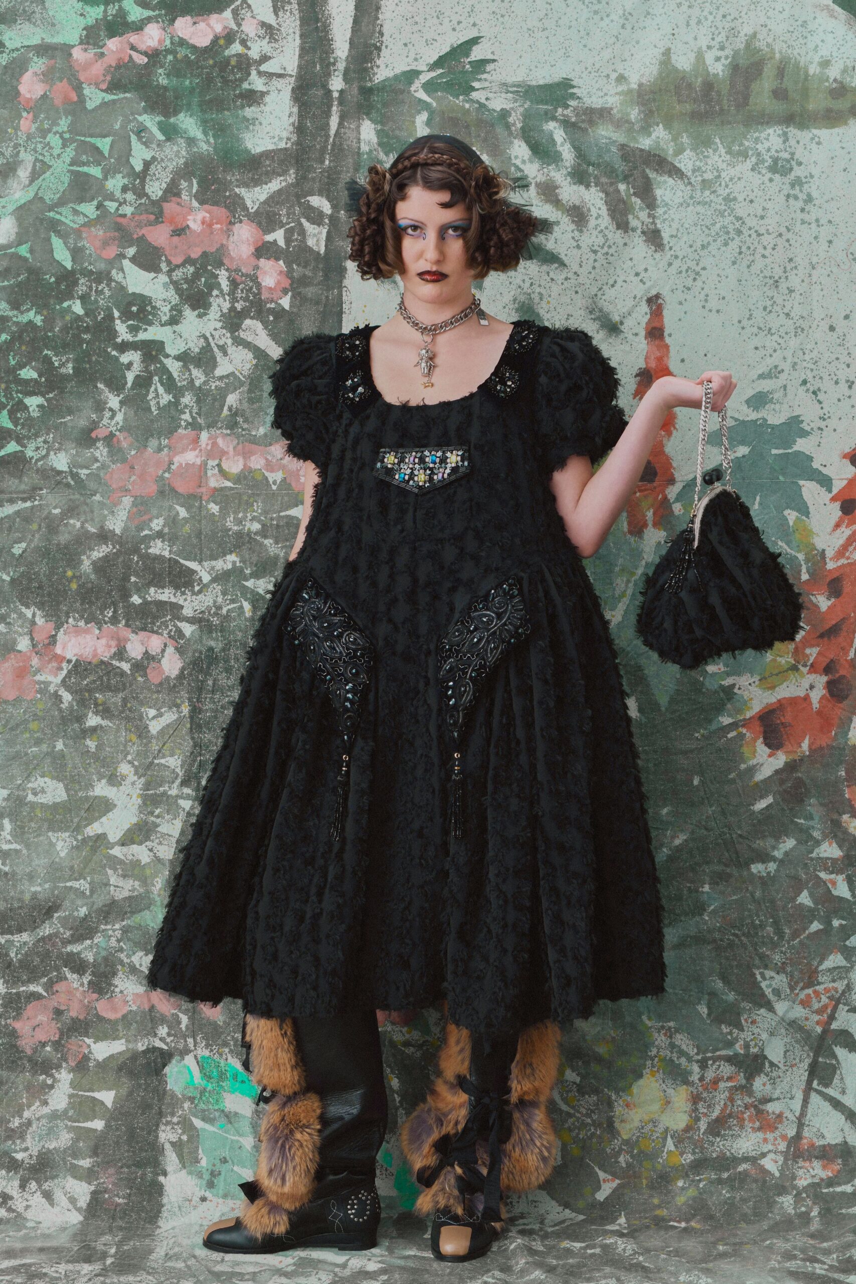 black cotton short-sleeve square-neck relaxed pleated embroidered dress