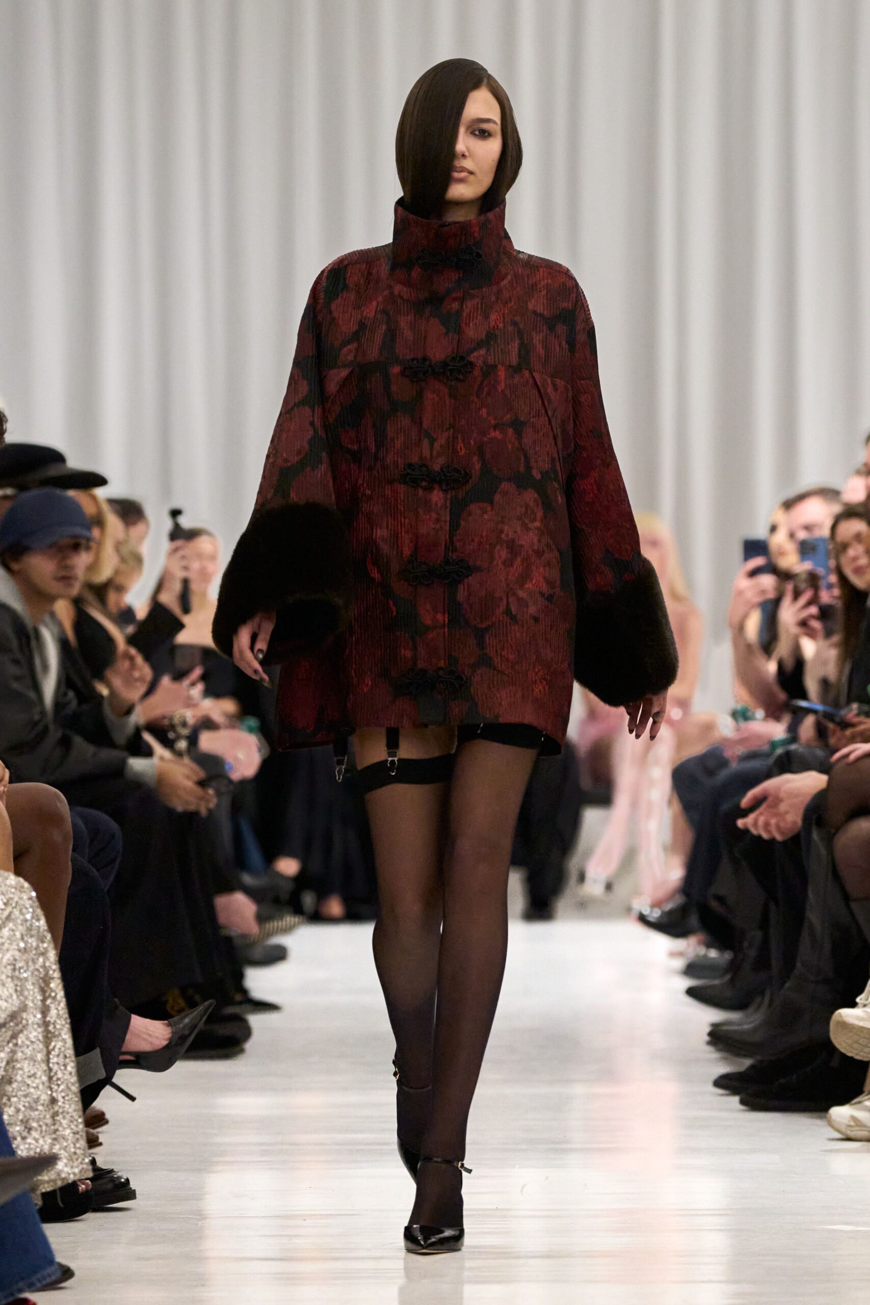 red silk long-sleeve collared relaxed floral layered coat