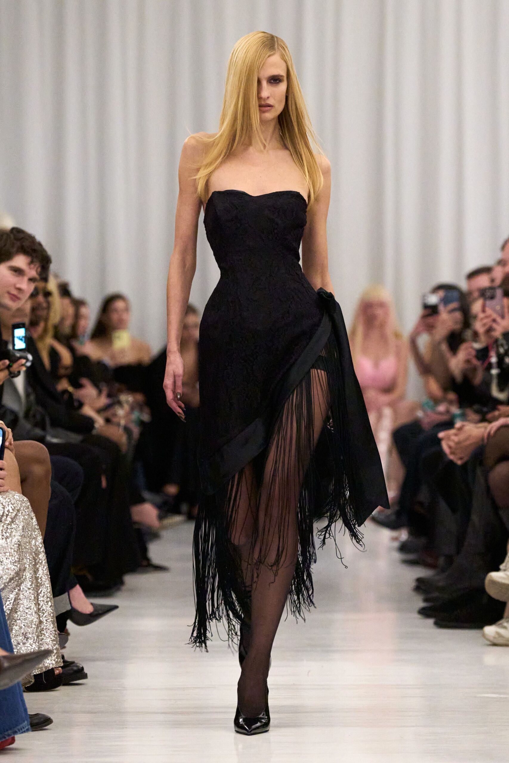 black silk strapless fitted fringed flowing maxi gown