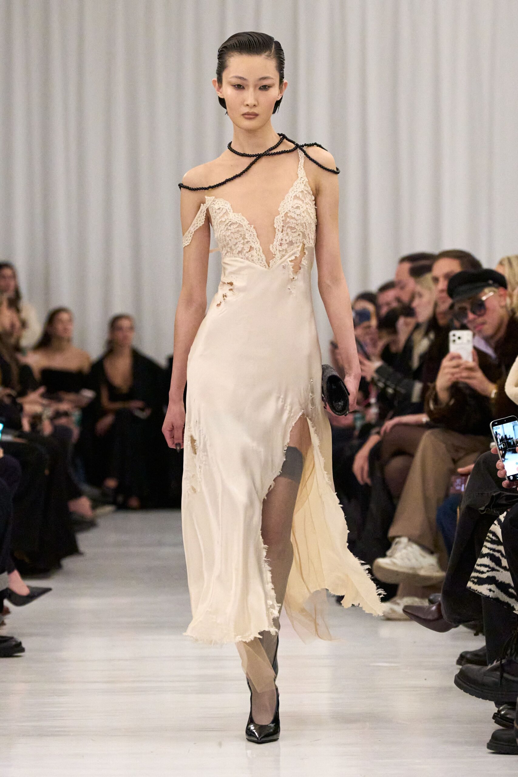 ivory silk sleeveless v-neck fitted ruched draped gown