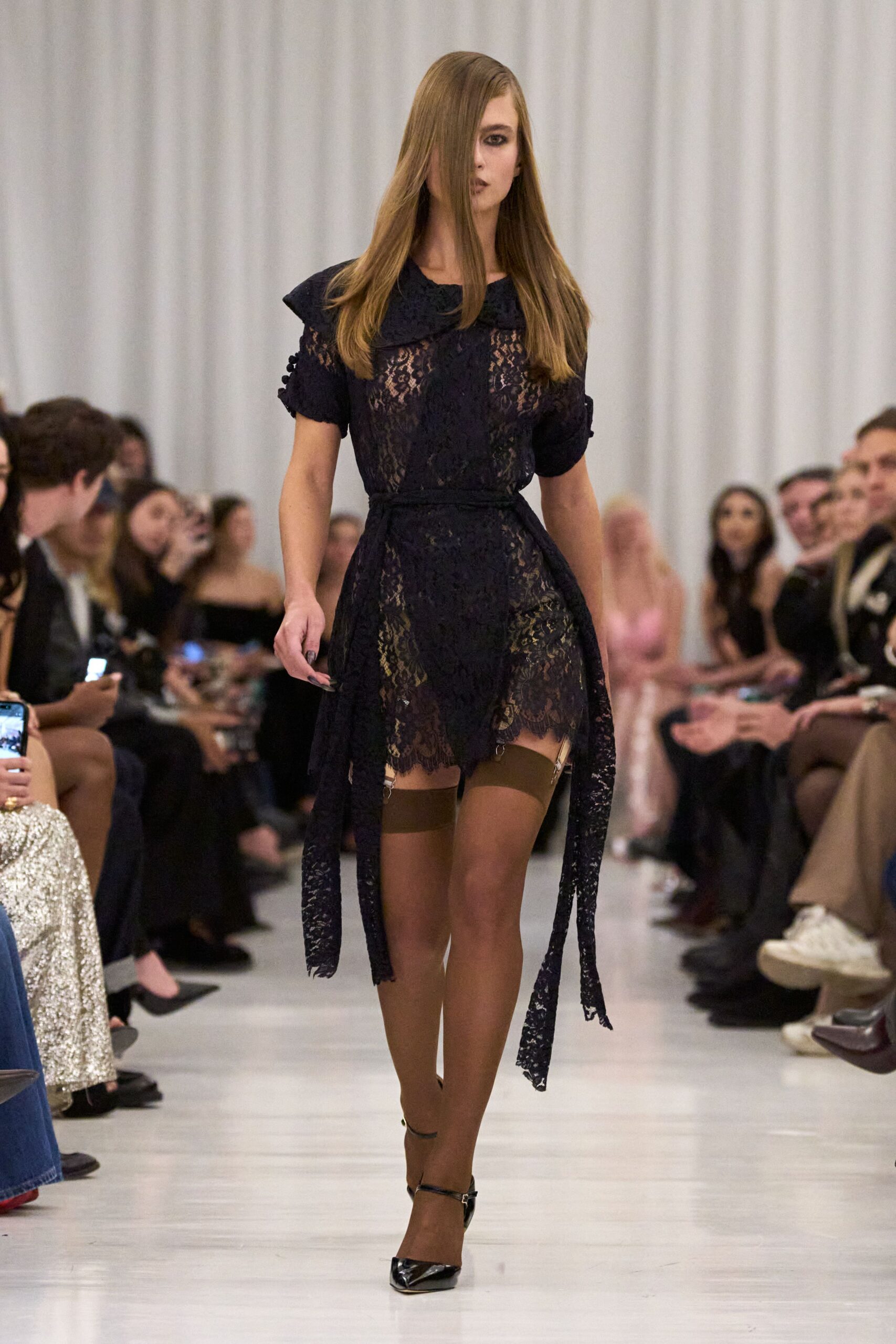 black lace short-sleeve v-neck fitted ruffled tiered dress