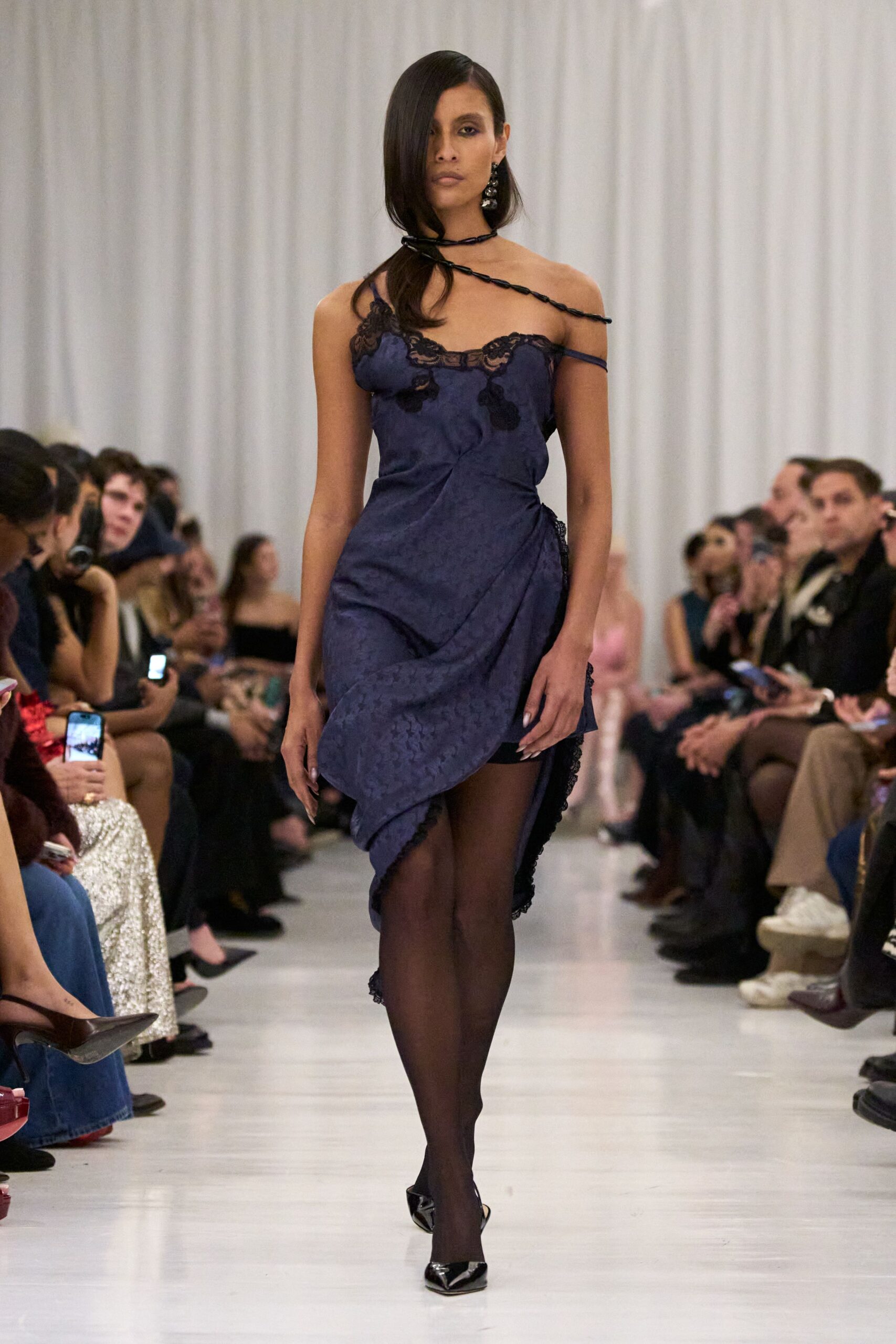 blue silk off-shoulder slit fitted ruffled embroidered dress