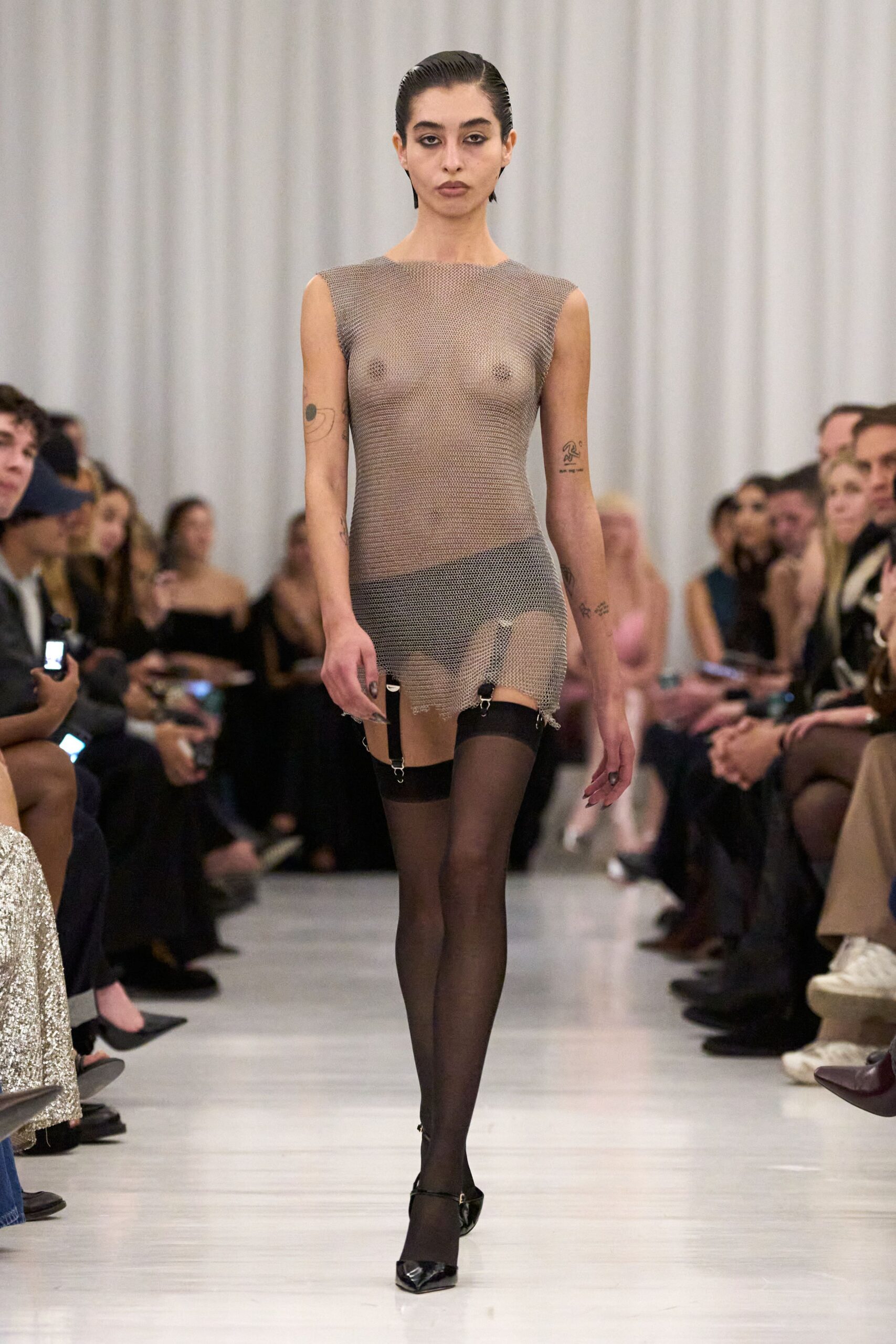 gray mesh sleeveless high-neck fitted sheer mini dress
