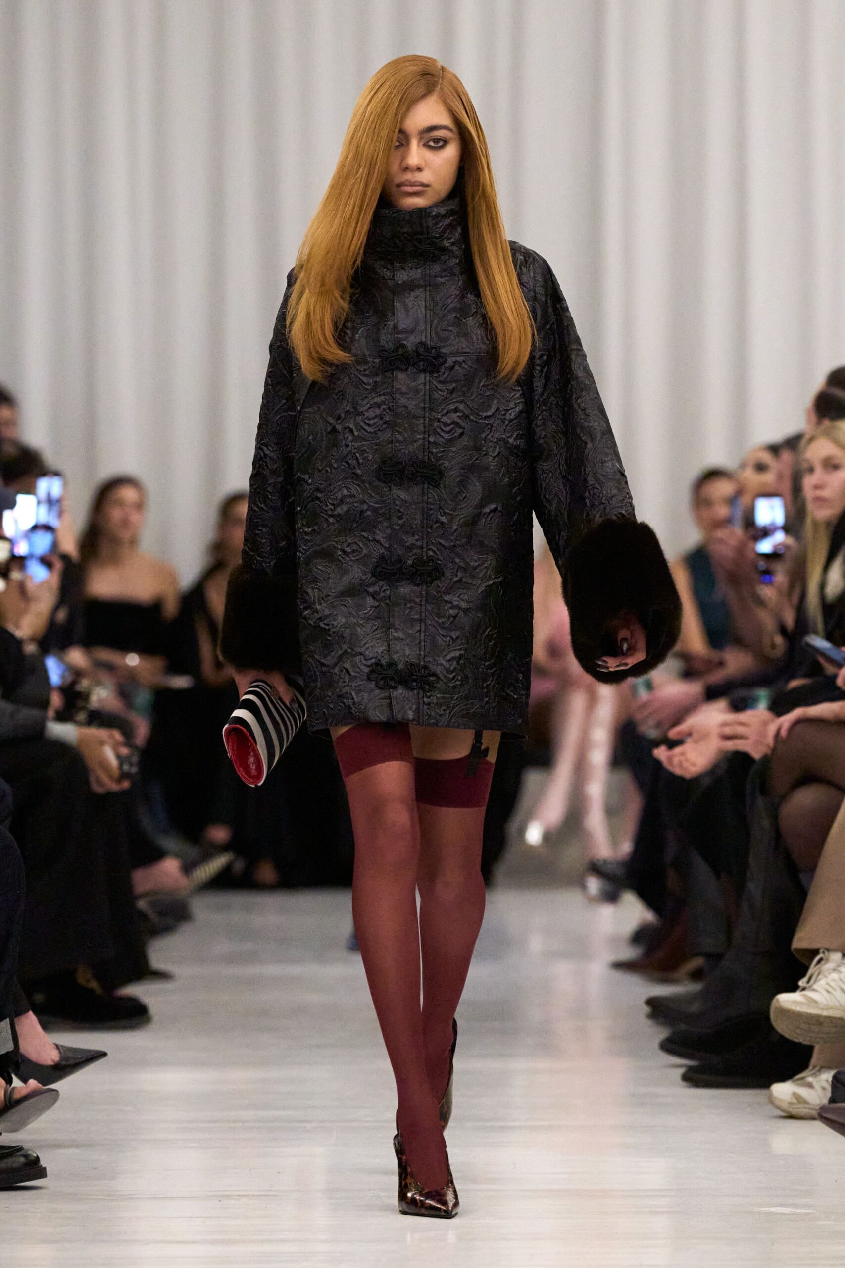 black silk long-sleeve collared relaxed textured short coat