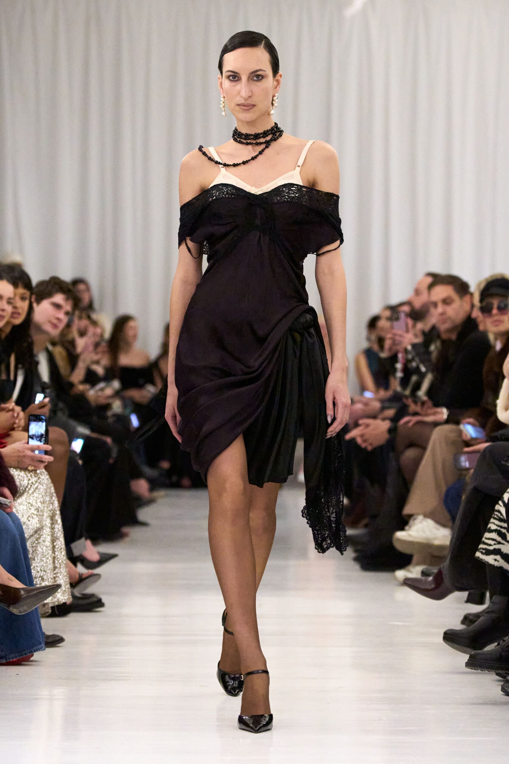 black silk off-shoulder v-neck fitted draped layered dress