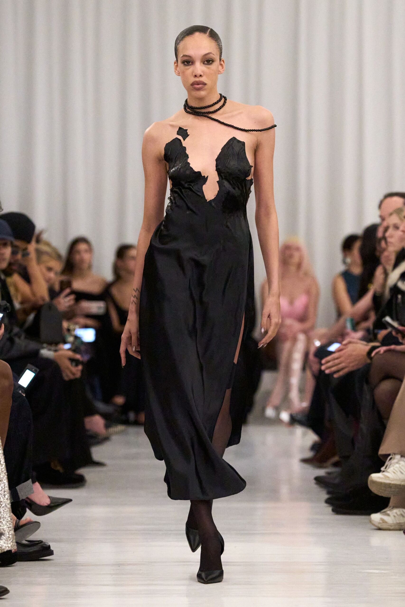 black silk fitted gown with cutout