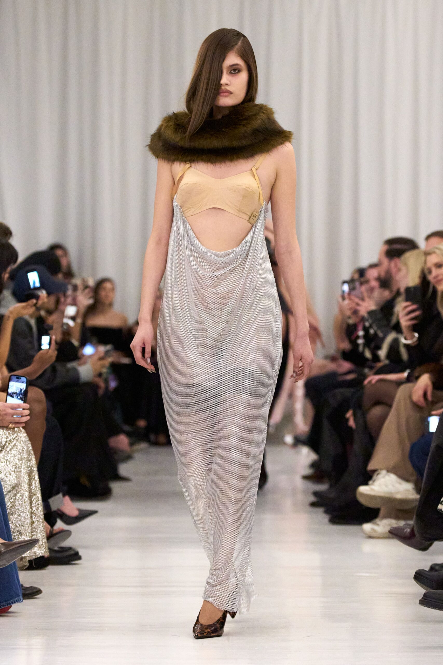 gray mesh sleeveless low-cut fitted draped sheer dress