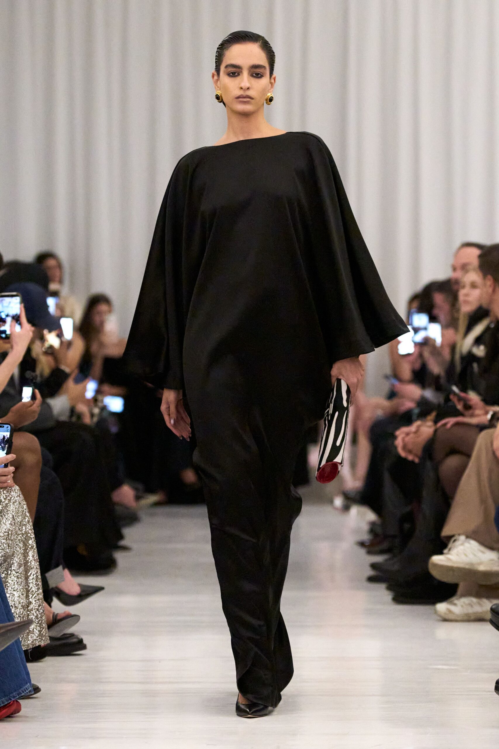 black silk long-sleeve high-neck relaxed draped maxi gown