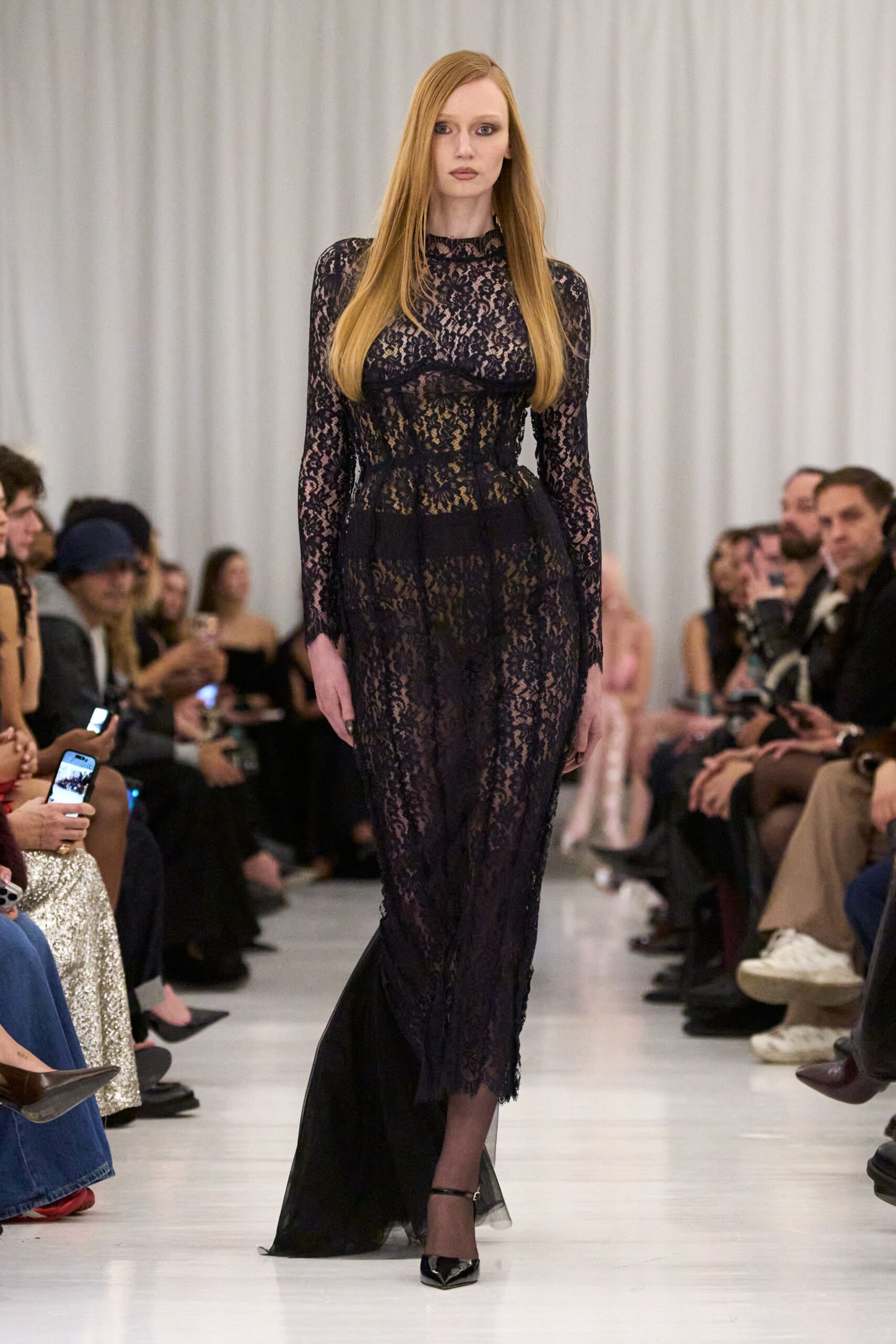 black lace long-sleeve v-neck fitted draped gown