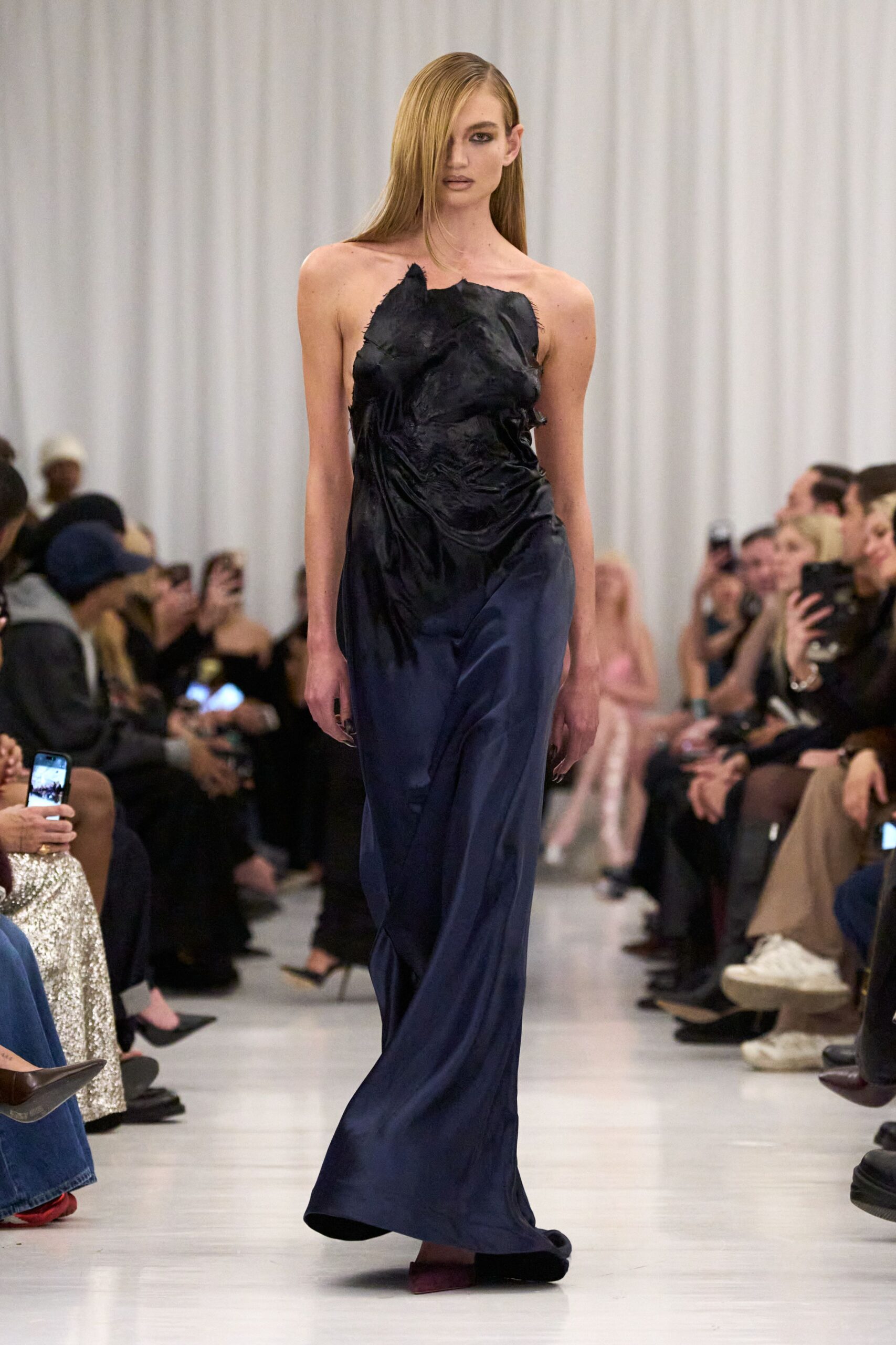 black blue silk off-shoulder gown